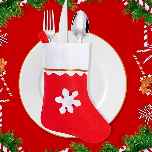 Miniatura 7 de Paquete de 20 medias de Navidad de fieltro rojo, mini medias de Navidad con copos de nieve, soportes de vajilla para chimenea, calcetines colgantes