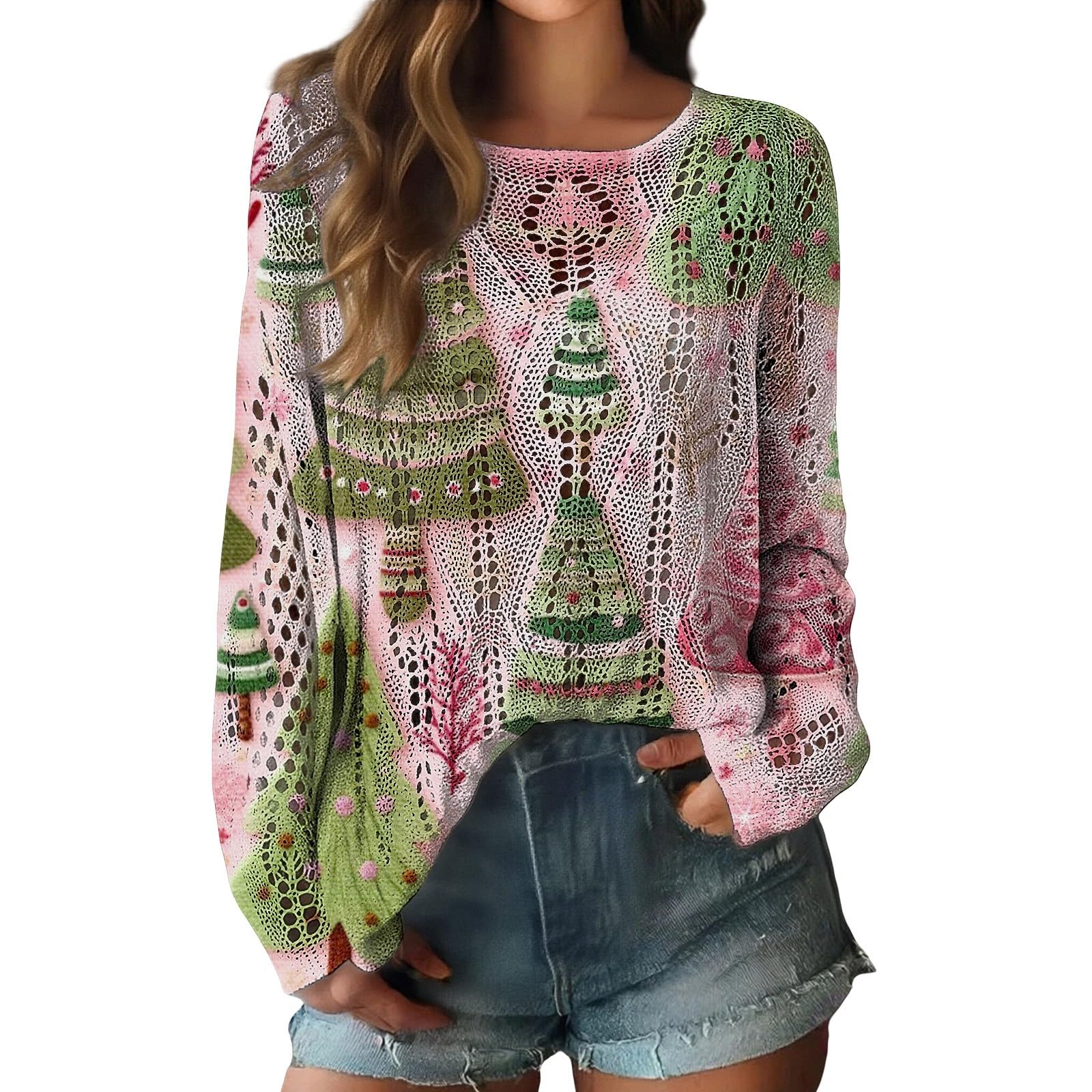 Christmas Crochet Ugly Sweater Women Oversized Tree Knit Pullover 2026 Holiday Fall Sweater Loose Batwing Jumpers