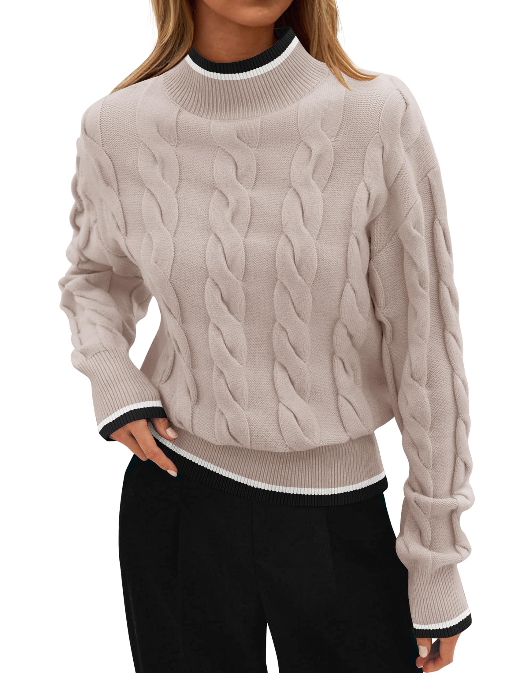 ZESICA Women's Casual Long Sleeve Mock Neck Cable Knit Contrast Color Pullover