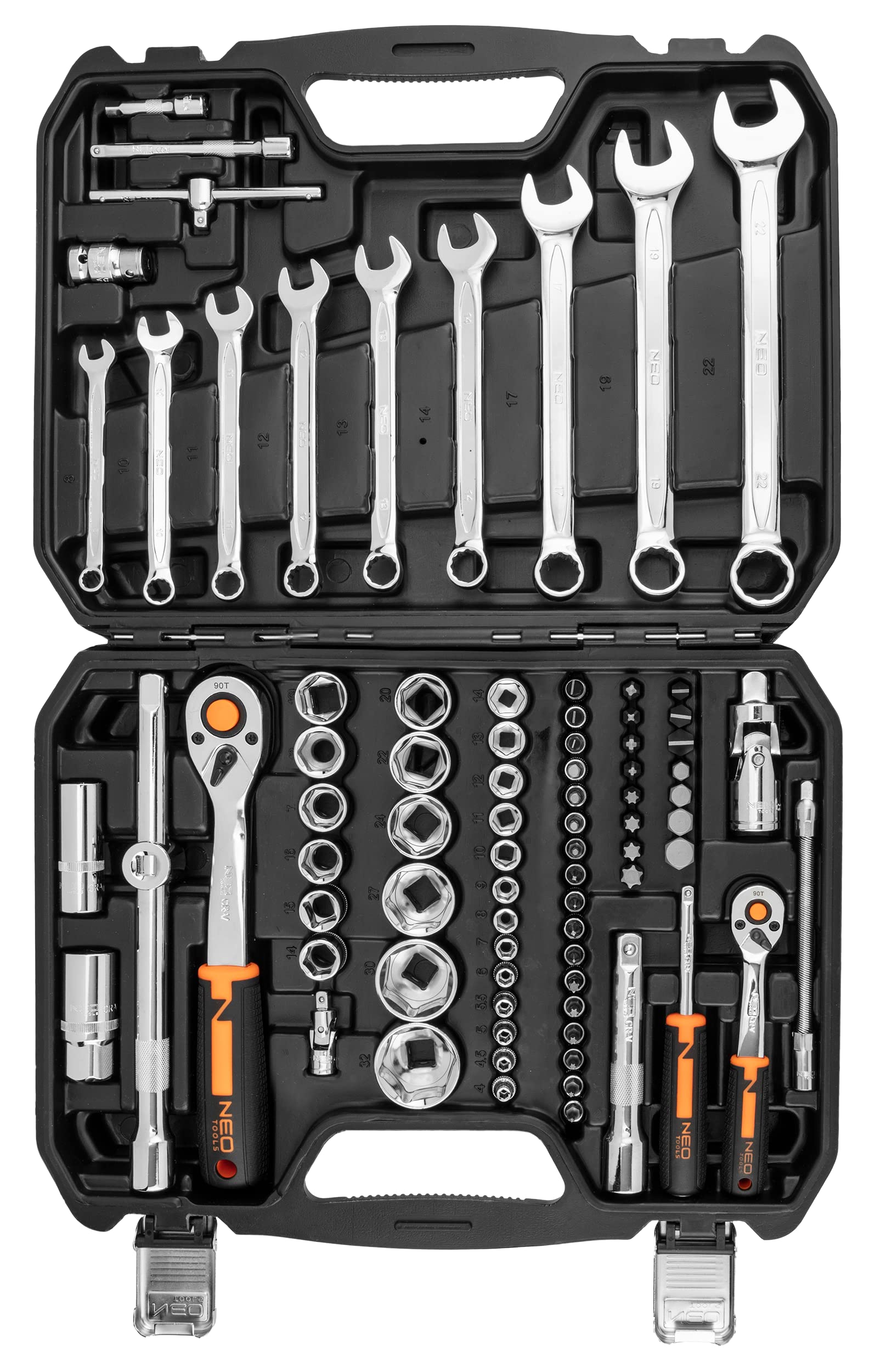NEO TOOLS Klucze nasadowe 1/2", 1/4" i akcesoria, 82-częściowy zestaw; do wkręcania i odkręcania; bity krzyżowe, sześciokątne; walizka do przechowywania; TÜV; stal CrV