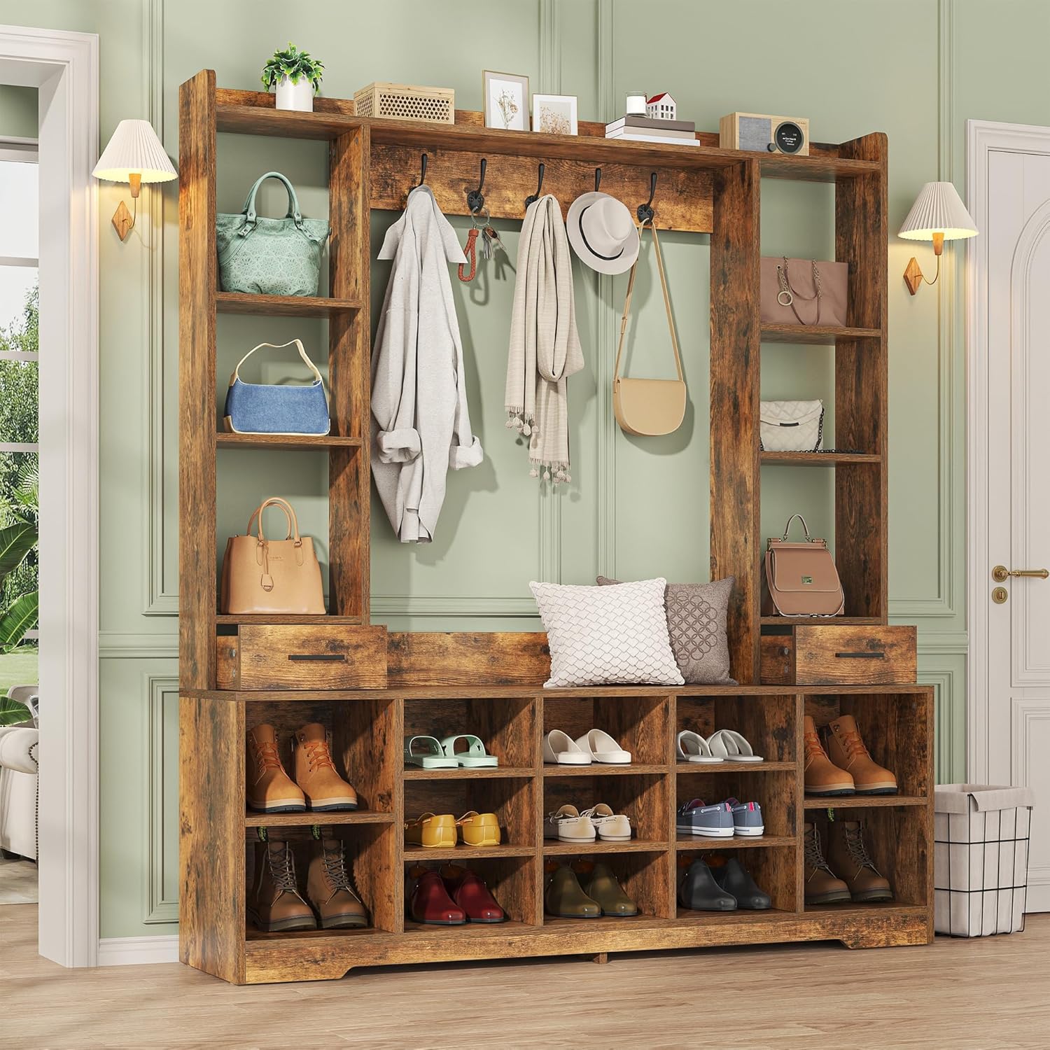 Semoic 61.6” Farmhouse Hall Tree with 2 Independent Drawers,6-in-1 Entryway Bench with Coat Rack Adjustable Shoe Storage for Foyer/Hallway,Retro