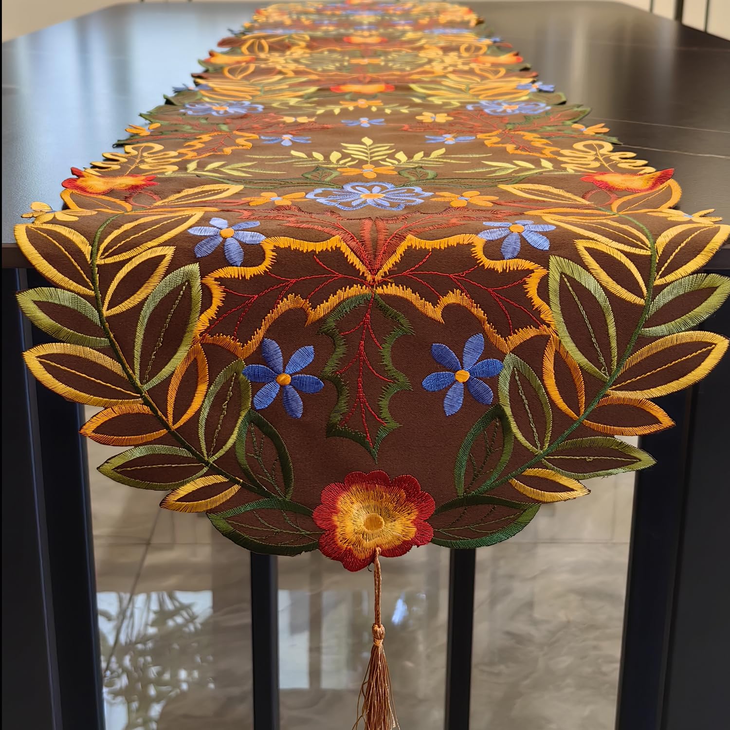 LeLehome 69 Inches Embroidery Flowers Maples Table Runner for Thanksgiving Autumn Fall Harvest Holidays Festival Party Home Kitchen Decorations Brown