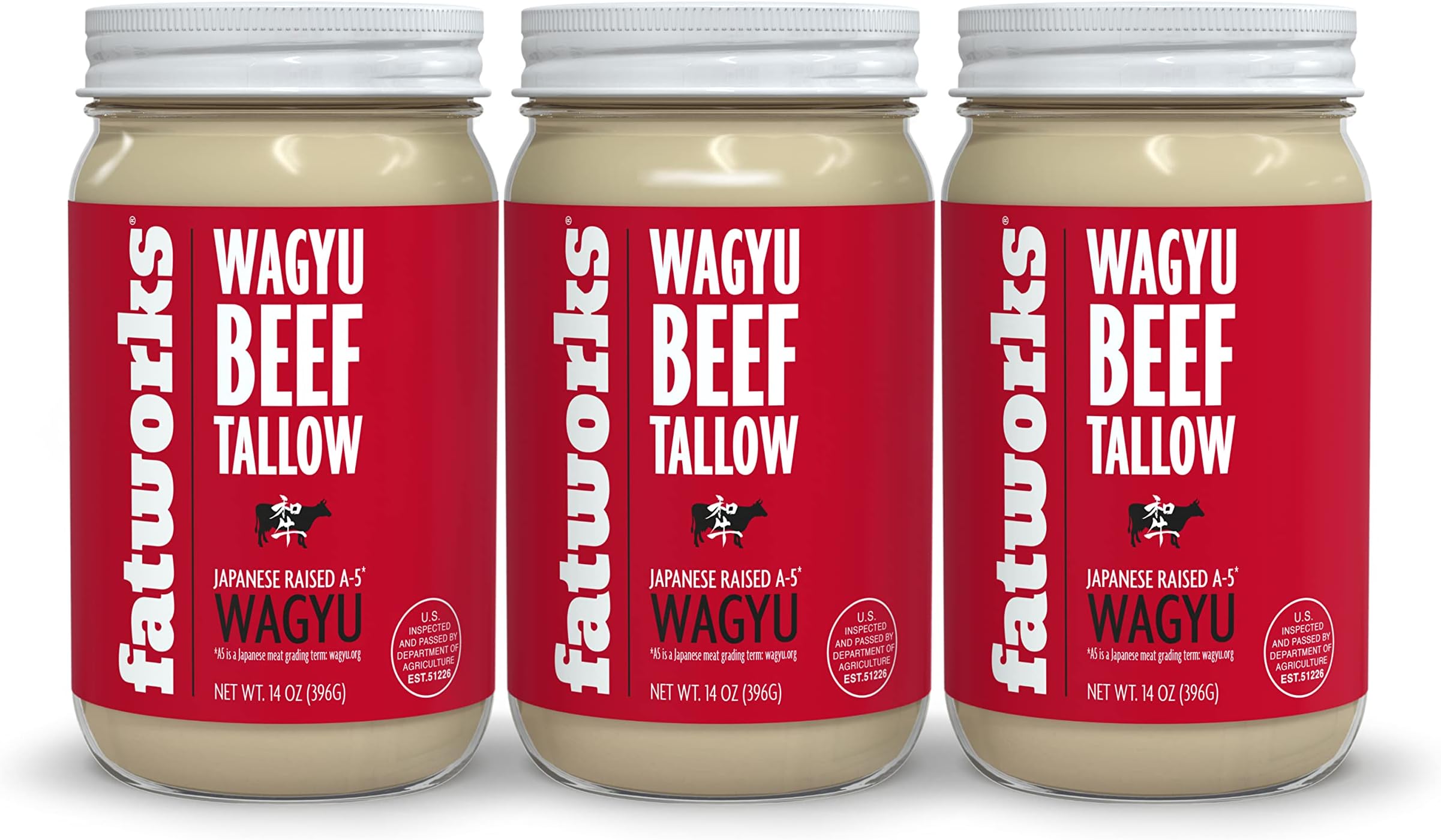 Fatworks 100% Pure A5 Japanese Wagyu Tallow, Ultimate Brisket Flavorizer, Certified A5 Wagyu, KETO, PALEO, CARNIVORE, WHOLE30 friendly, Non Hydrogenated- 14 oz. (3 Pack)