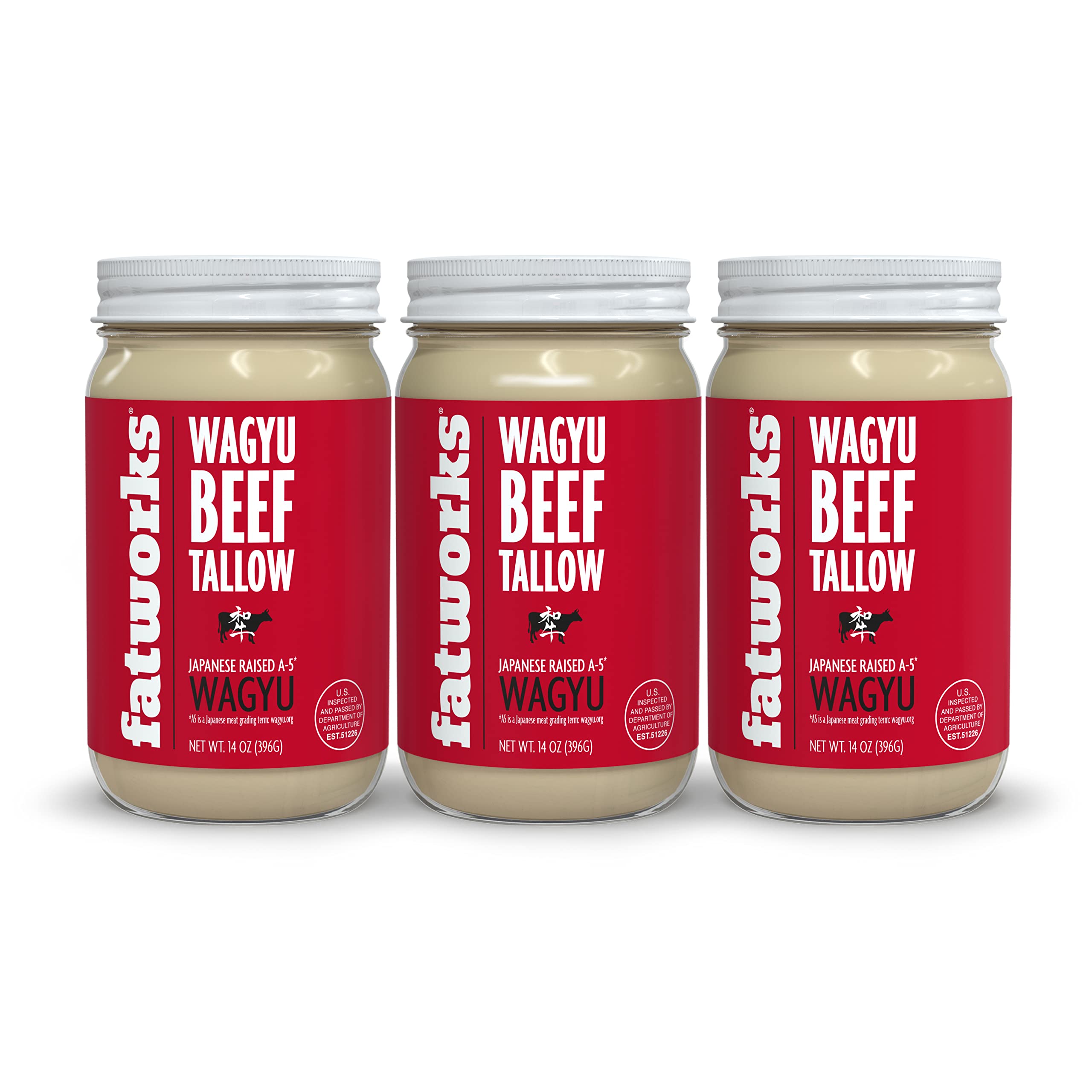 Fatworks 100% Pure A5 Japanese Wagyu Tallow, Ultimate Brisket Flavorizer, Certified A5 Wagyu, KETO, PALEO, CARNIVORE, WHOLE30 friendly, Non Hydrogenated- 14 oz. (3 Pack)