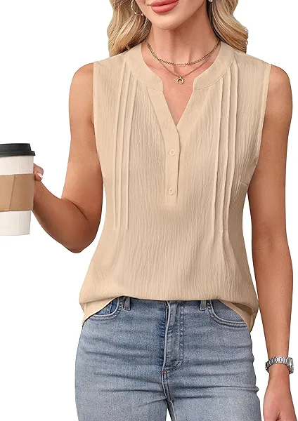 Blooming Jelly Womens Tank Tops Dressy Work Sleeveless Shirt Pleated V Neck Summer Blouse Business Casual Outfits
