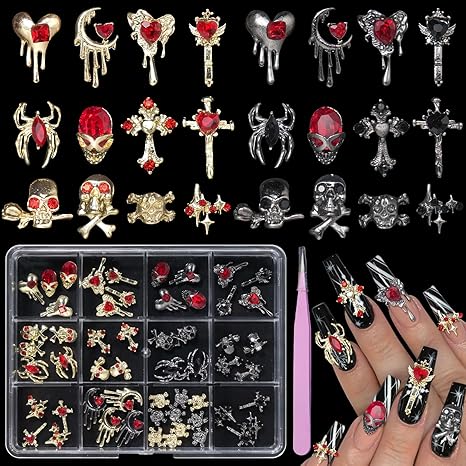 54 PCS 24Styles Halloween Nail Charms, 3D Gold Black Alloy Spider Skull Nail Rhinestones Charms Vintage Gothic Retro Nail Art Charms, Dark Cross Moon Heart Nail Gems and Charms Nail Accessories