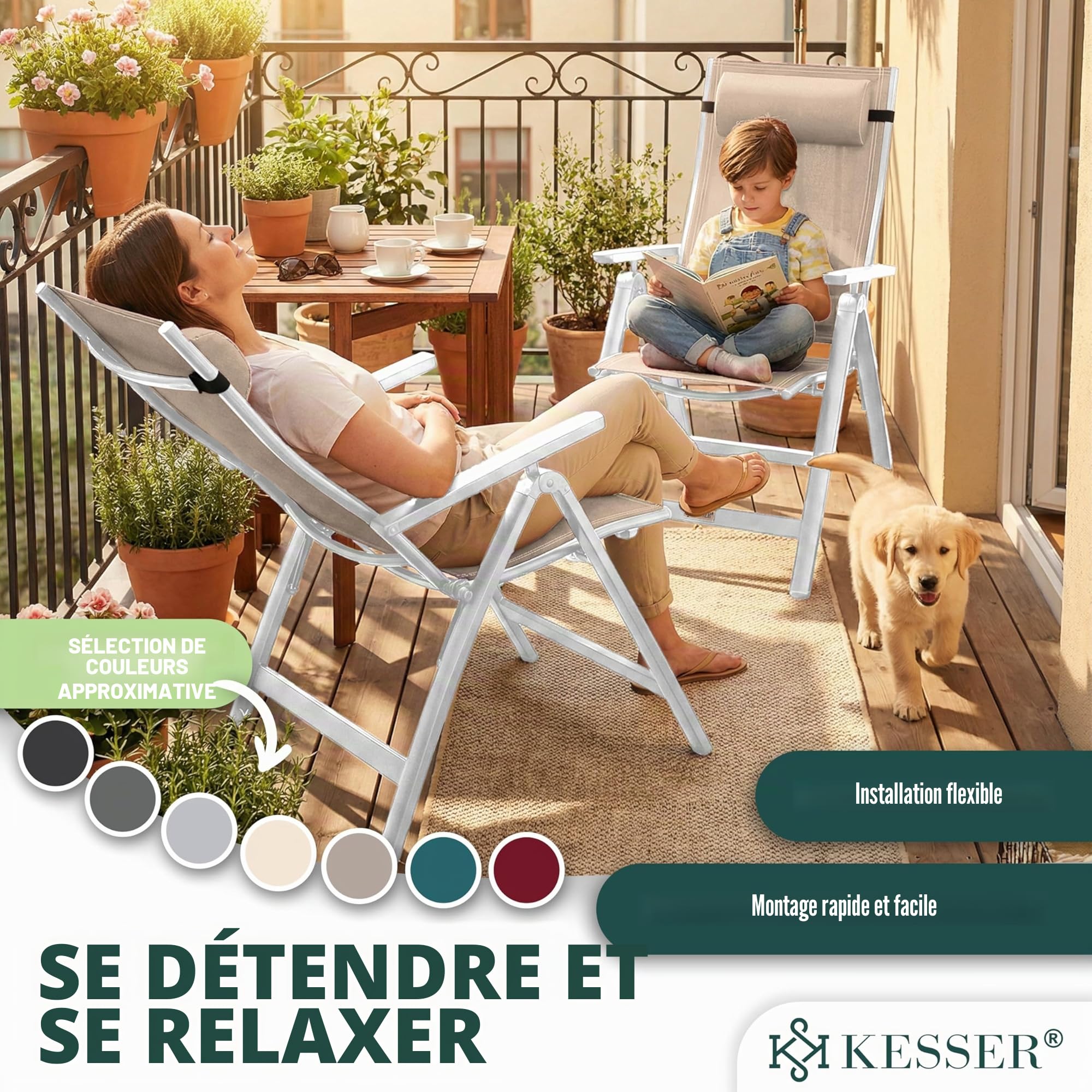KESSER® Chaise de Jardin à Dossier Haut avec accoudoirs | Lot de 2 | en Aluminium avec Coussin et Housse | avec Dossier réglable en 7 Positions | Respirante, Pliable, Antidérapante | Taupe
