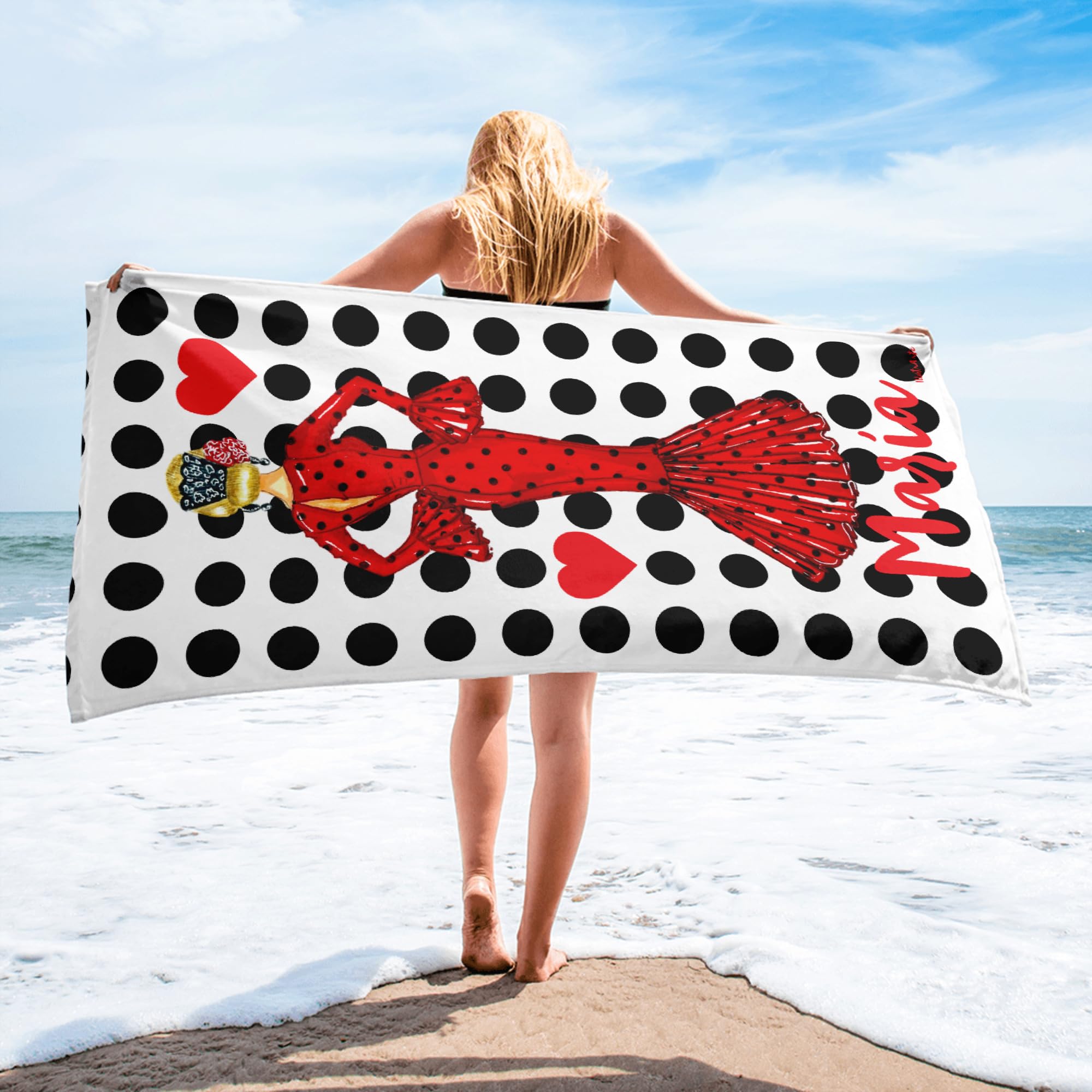 Serviette Personnalisée Flamenco 152x76 cm – María Rouge | Serviette personnalisée flamenco avec prénom, grand format doux pour plage, piscine, danse ou cadeau.