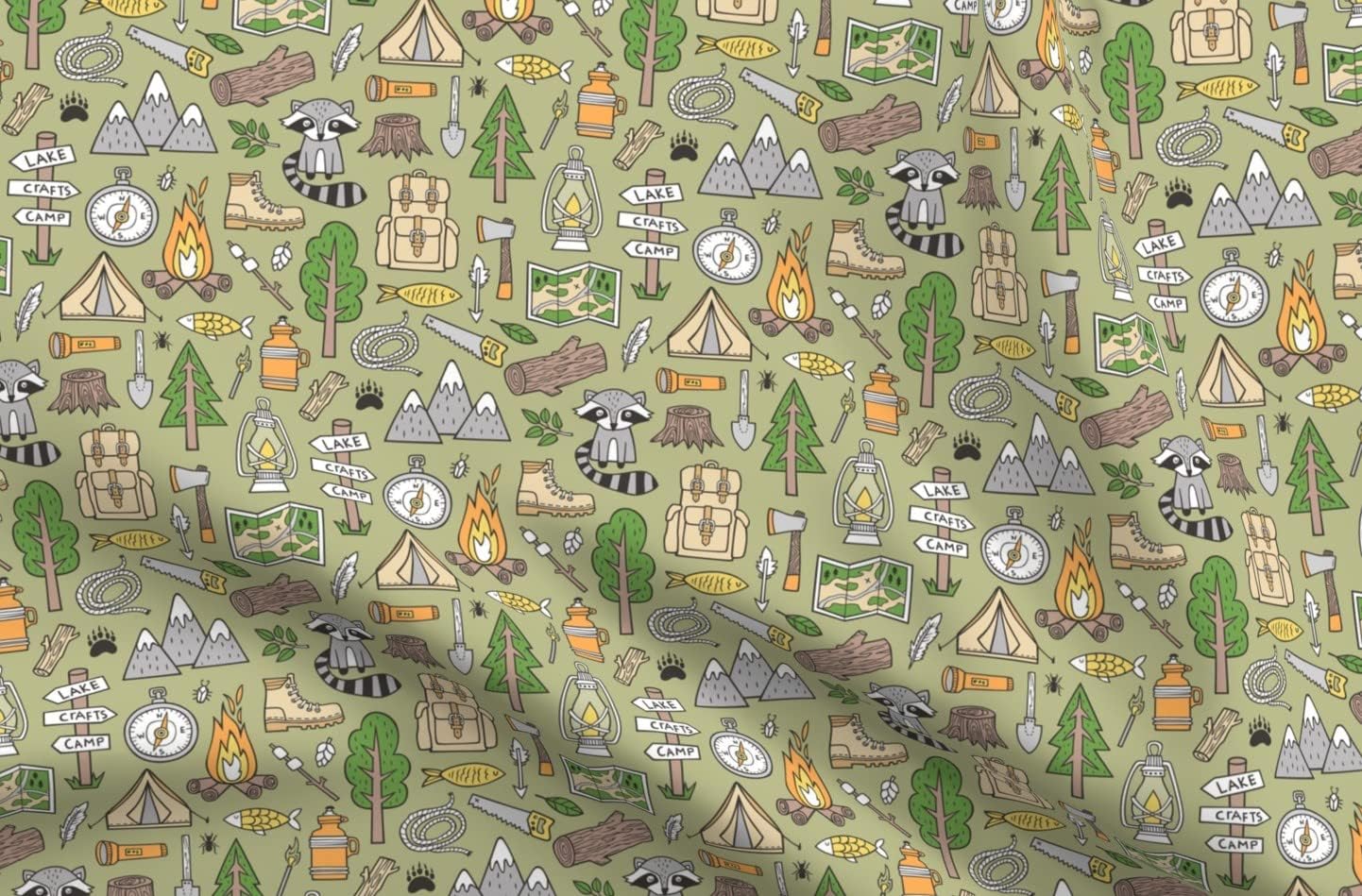 Spoonflower Fabric - Outdoors Camping Woodland Doodle Campfire Raccoon Mountains Trees Logs Printed on Polartec(R) Fleece Fabric by The Yard - Sewing Blankets Loungewear and No-Sew
