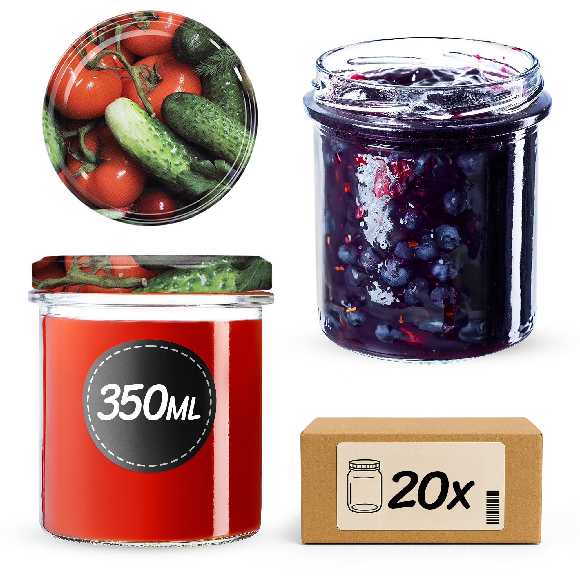 KADAX Set di 20 barattoli per marmellata da 350 ml, TO82, con coperchio a vite, ermetici, per miele e marmellate