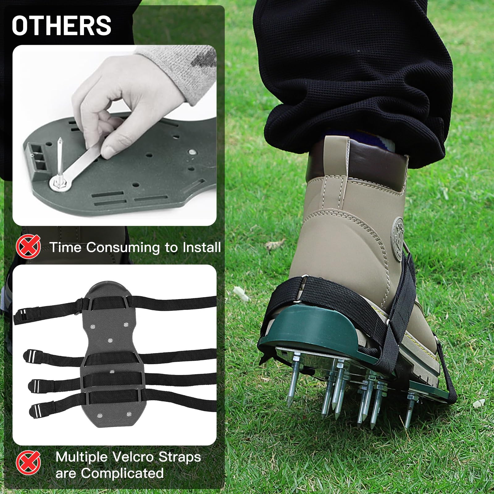 LALAGO 1 Coppia Arieggiatore Prato Scarpe Chiodate Verde, Sandalo Livellatore per Ventilator con Velcro e Spatola, Scarificatore Arieggiatore Manuale, Scarpe per Arieggiare per Cortile Giardino