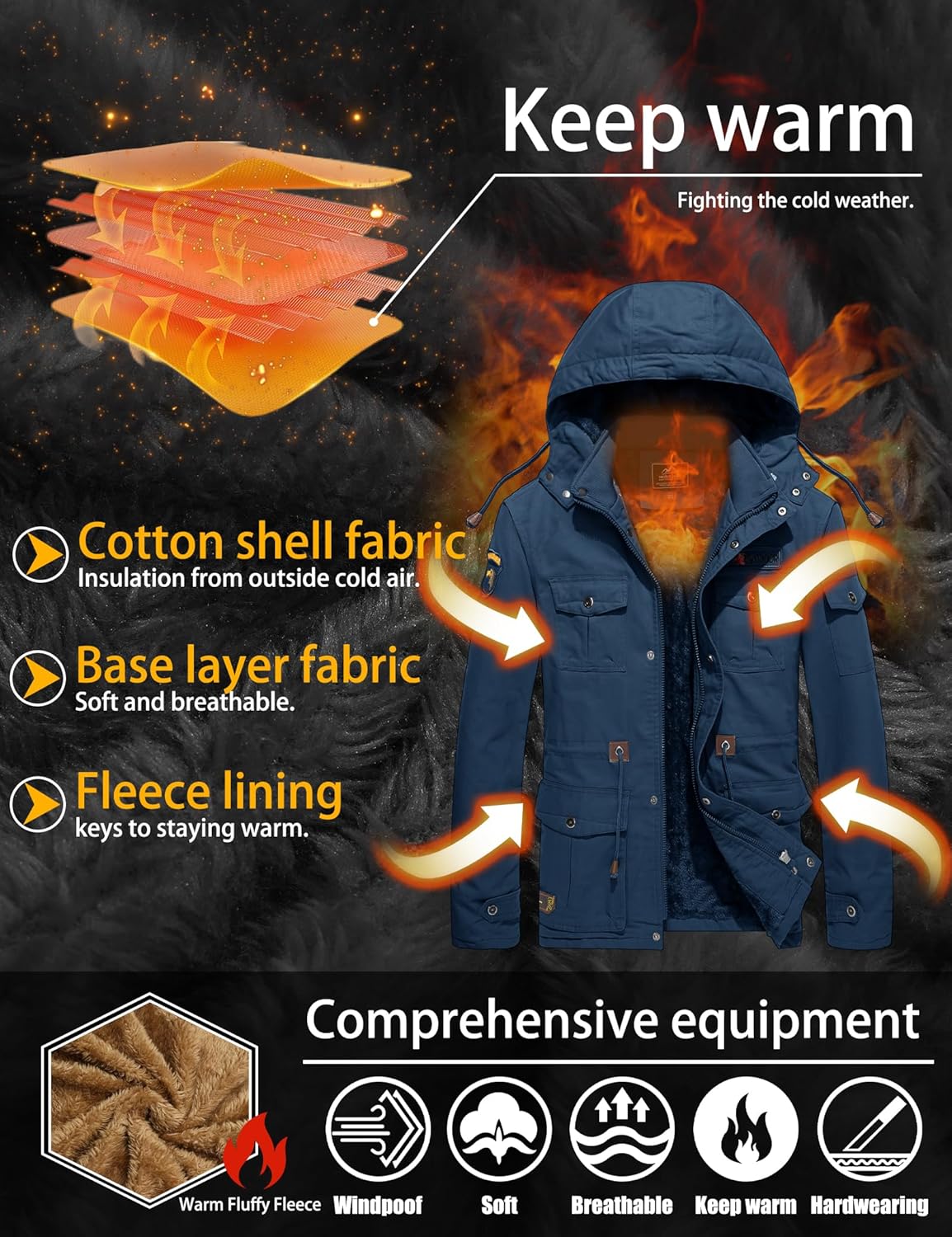 TACVASEN Men's Winter Jacket Cotton Military Jackets Fleece Lined Thick Work Warm Cargo Coats with Hooded - Image 3