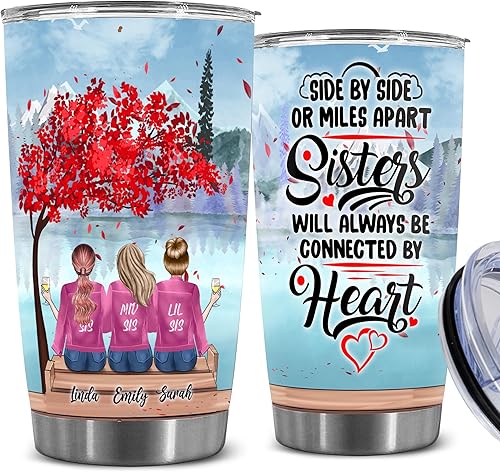 WHIDOBE Vaso personalizado para hermana (3 hermanas), taza de café personalizada para hermana con avatares, nombres, citas, regalos de cumpleaños