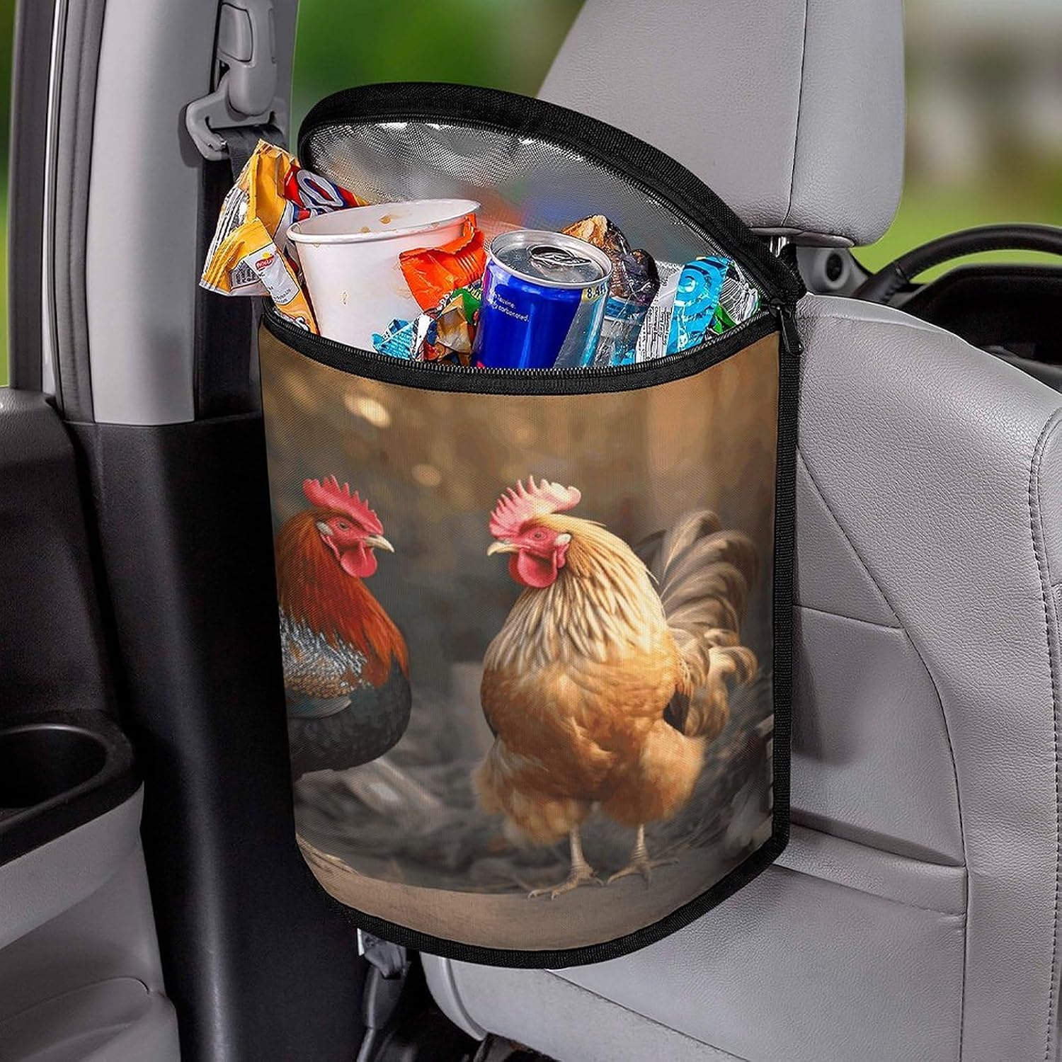 Rooster and Chicken Car Trash Can with Lid & Zipper Hanging Garbage Bin Waterproof Leakproof Car Garbage Can Portable Automotive Waste Basket Bin Reusable Car Garbage Bag for All Vehicle