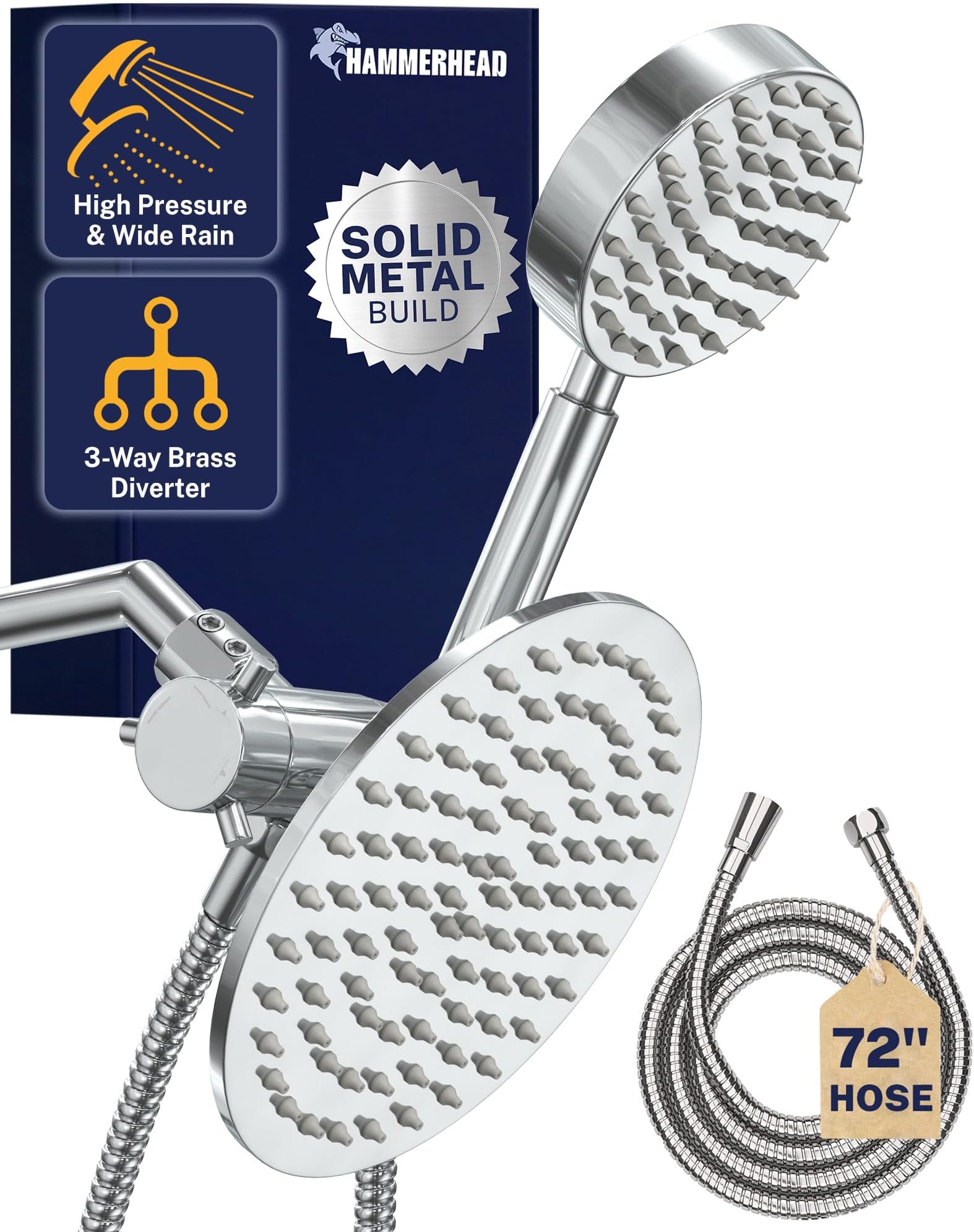 Solid Metal Dual Shower Head Combo – CHROME – 8 Inch Rainfall High Flow Shower Head & Handheld Shower Head High Pressure with Hose 6ft - Hotel-Like Double Shower Heads