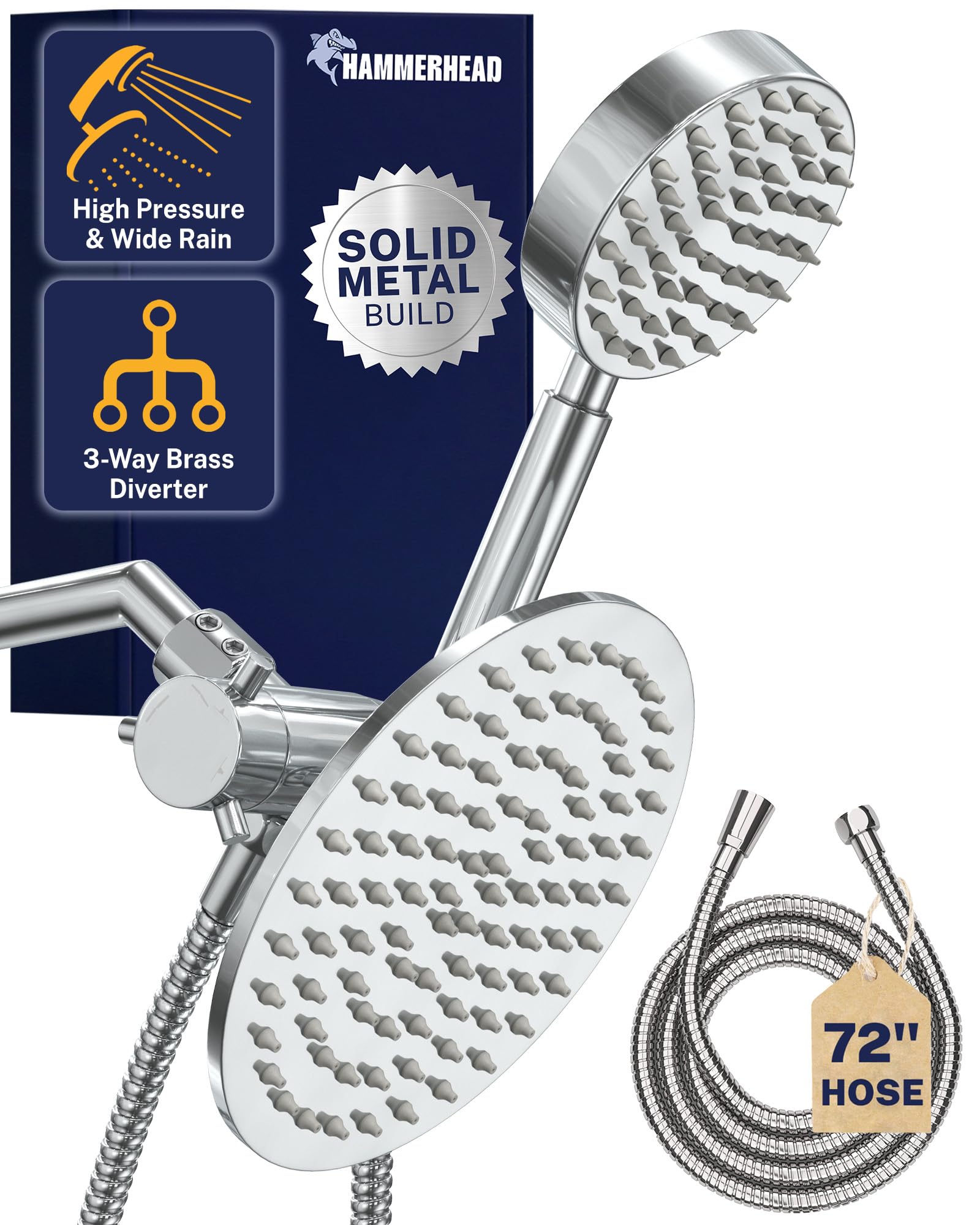 Hammerhead Showers Polished Chrome All Metal Dual Shower Head Combo – Chrome - 8 Inch Rainfall High Flow Shower Head & Handheld Shower Head High Pressure With Hose 6Ft - Hotel-Like Luxury Double Shower Heads With Rain Shower Sprayer