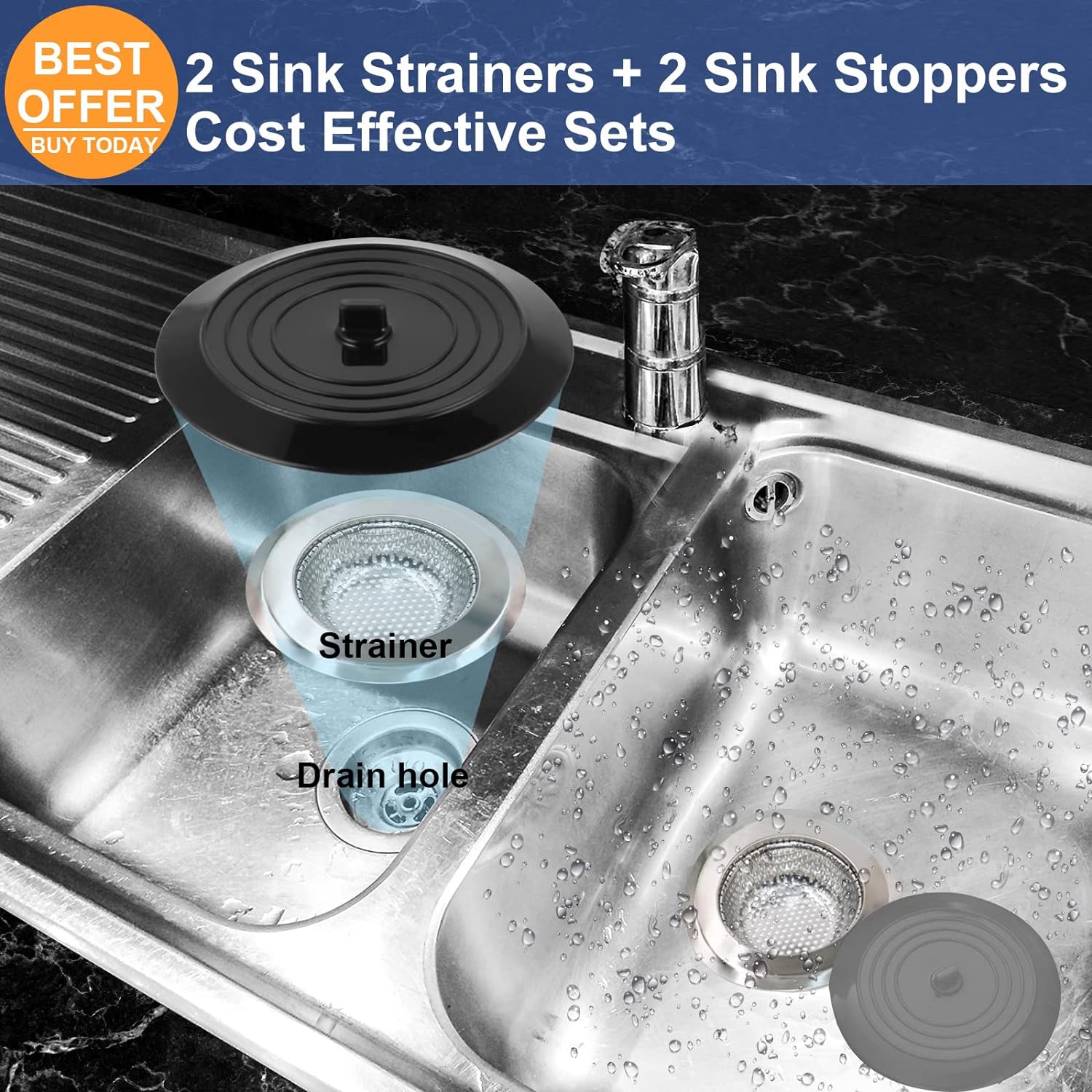 V-TOP Sink Strainer Stopper 4 Pack, Universal Silicone Kitchen Sink Drain Strainer Cover Plug Stopper Kit, 4.5 Inch Stainless Steel Sink Filter