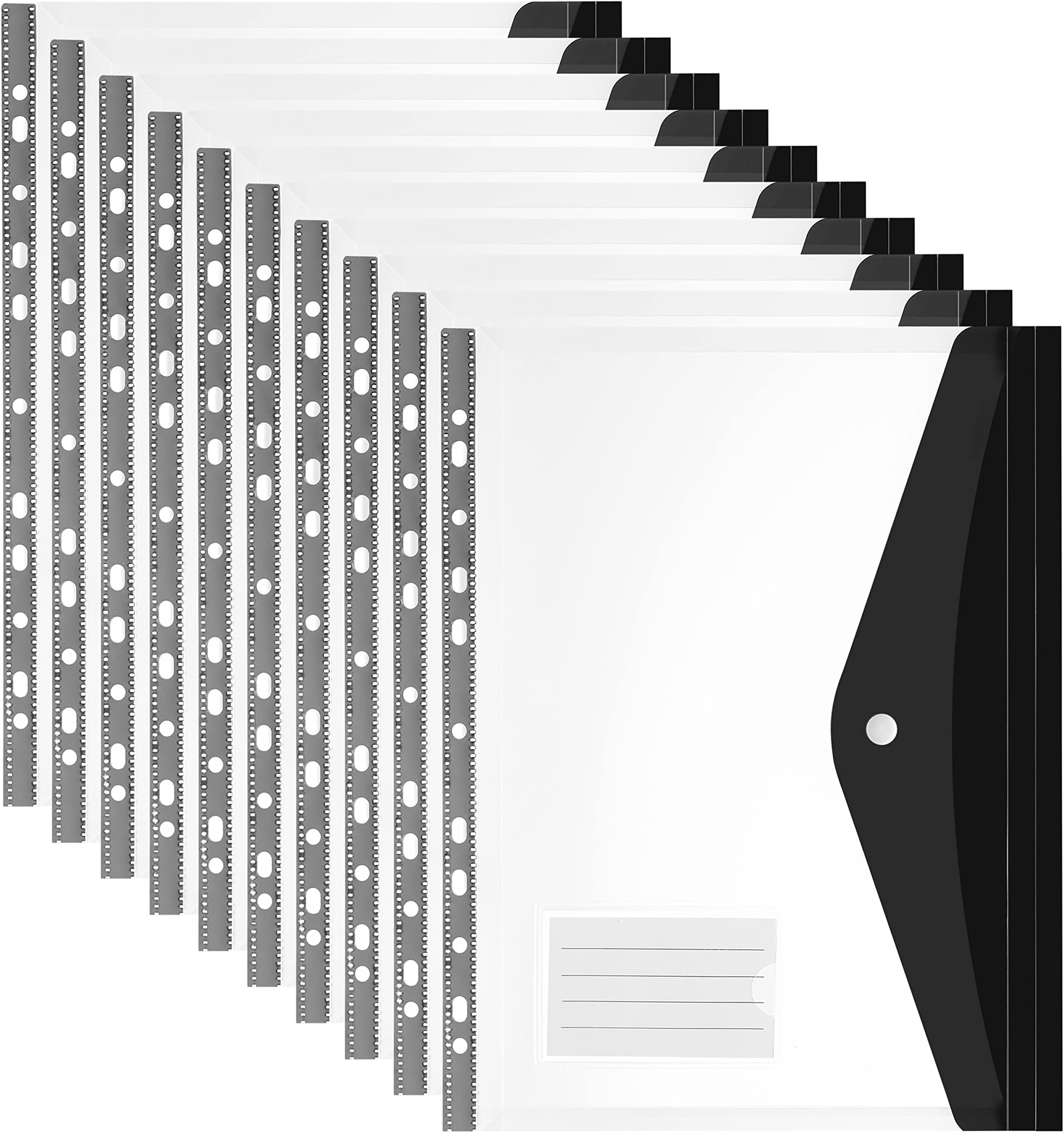 Ring Binder with Clear Poly Envelope, Label Pocket and Snap Button, 11 Holes Plastic Wallets for School and Office, Pack of 10, Black