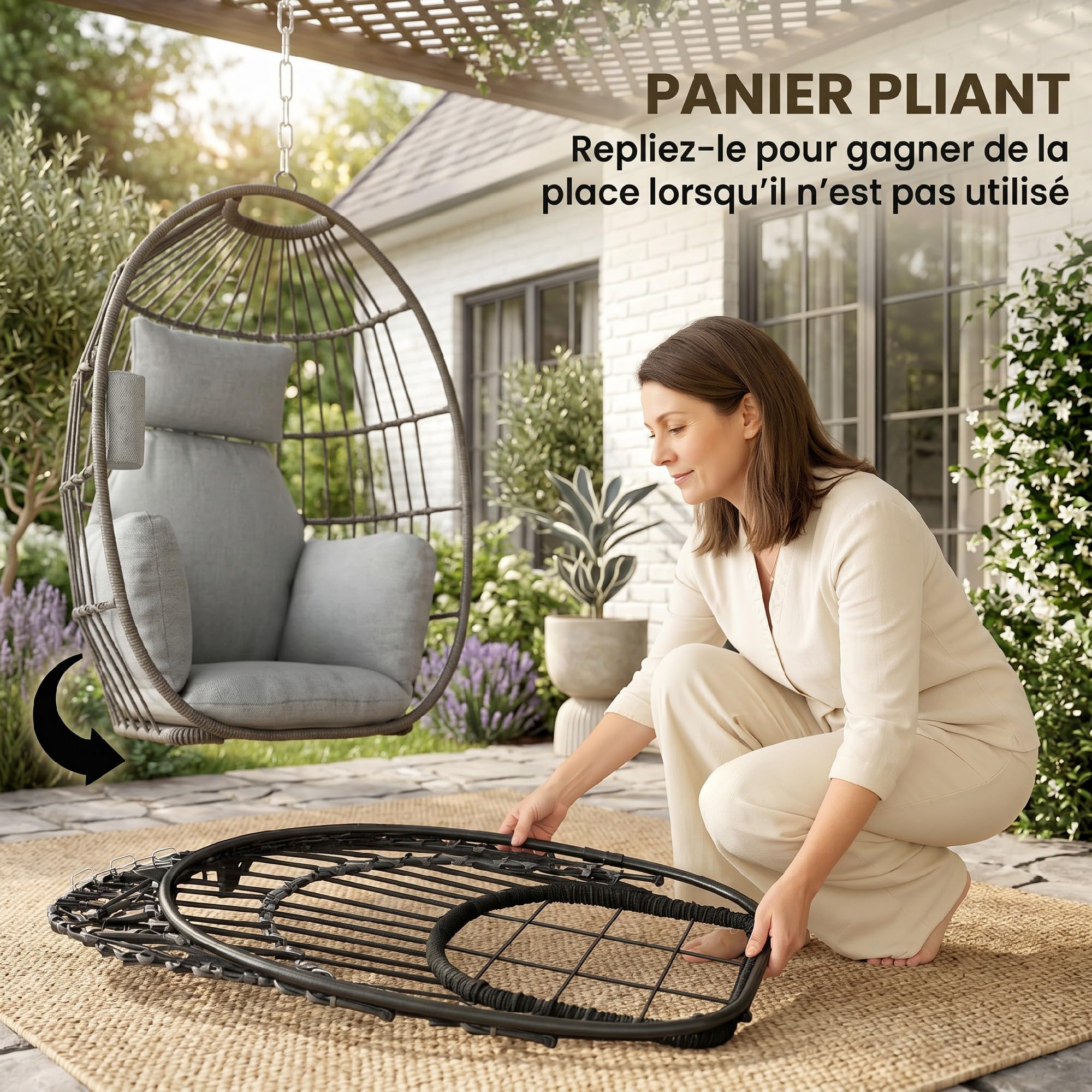 Outsunny Fauteuil Suspendu Fauteuil œuf Suspendu, Chaise hamac balançoire avec Panier Pliable, Coussins rembourrés, Porte-gobelet et Oreiller, pour intérieur et extérieur, capacité 120 kg, Gris foncé