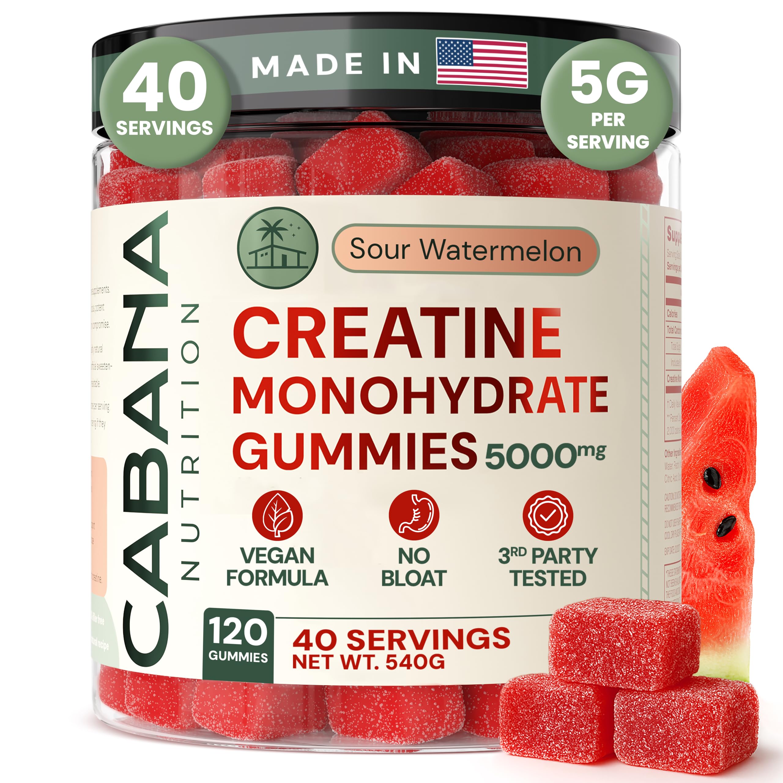 Creatine Monohydrate Gummies 5g - Watermelon Flavored Creatine for Women and Men - Supplement Supports Muscle Gain, Energy, Pre and Post Workout, Focus & Cognition, Recovery (120 count, 40 servings)