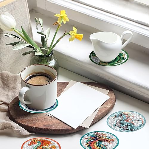 Miniatura 5 de Demonwer 8 Piezas de Kits de Posavasos de Dragón de Diamante con Soporte DIY Arte de Diamante 3D de Dragón Posavasos Antideslizante para Adultos