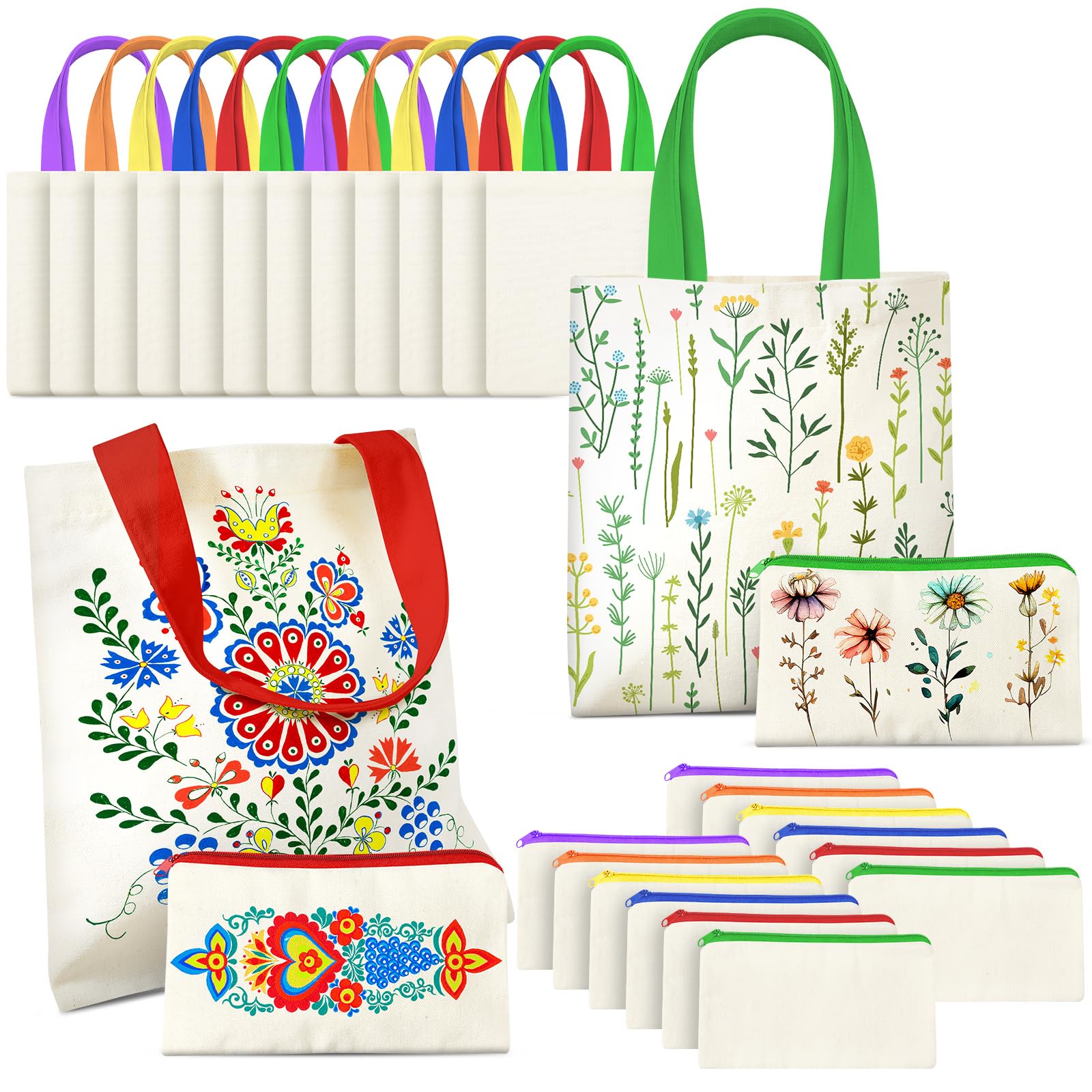 Amylove 24 Pcs Mini Canvas Tote Bag Set Include Small Canvas Bag Blanks Small Pouches with Zipper for Sublimation (8.5 x 8,Natural Color and Colorful)