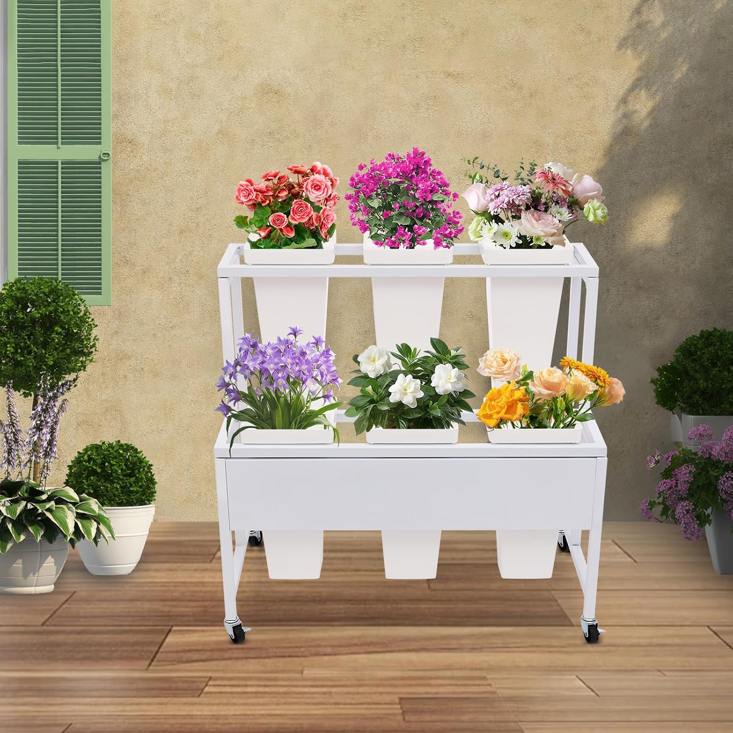 2 Tier Metal Flower Display Stand with 6 Buckets 7.09*7.09*13.39in, Floor Mount Plant Stand with Wheel, Decorative Flower Display Rack for Outdoor, Home, Florist, Entrance, Wedding