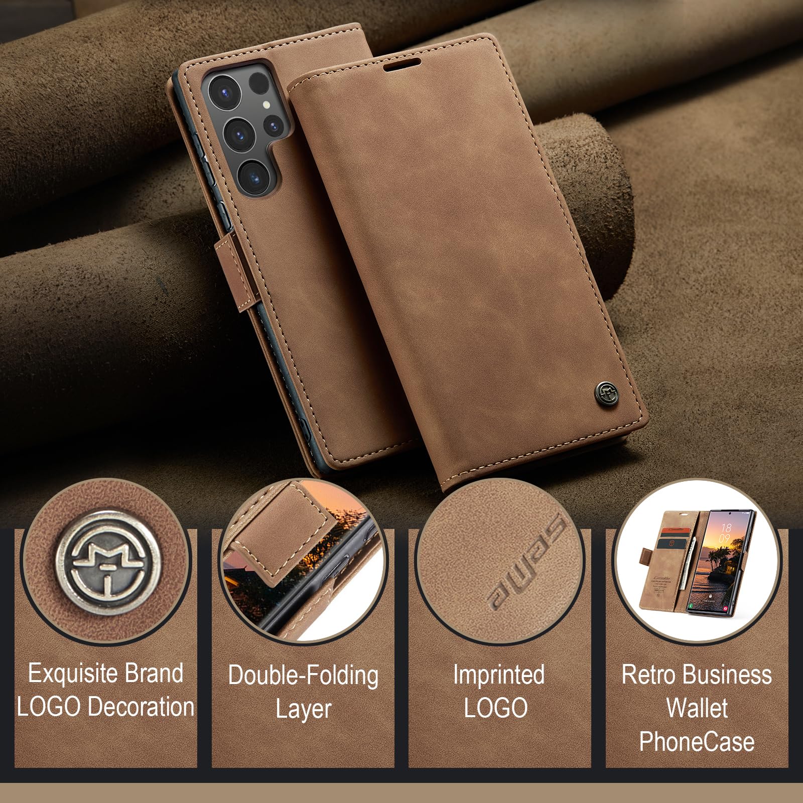 Azororo Cover per Samsung Galaxy S24 Ultra 5G, Premium PU Pelle Custodia, Magnetica Carta Fessura Portafoglio Case, Flip Cavalletto Custodia per Samsung Galaxy S24 Ultra- Marrone