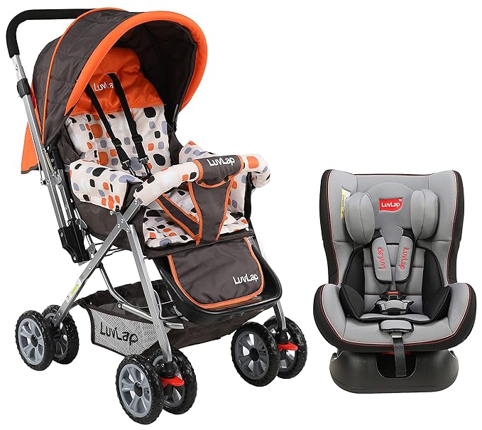 LuvLap Sports Convertible Car Seat for Baby & Kids from 0 Months to 4 Years (Grey & Black) & LuvLap Sunshine Stroller/Pram, Easy Fold, for Newborn Baby/Kids, 0-3 Years (Orange)