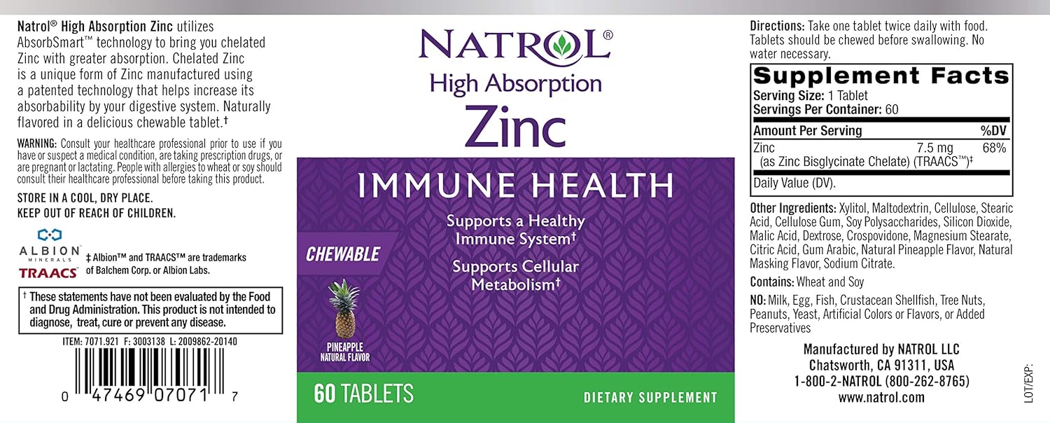 Natrol High Absorption Zinc, Supports Immune Health and Cellular Metabolism with AbsorbSmart™ Technology, Pineapple Flavor, Chewable Tablets, 60 Count : Health & Household