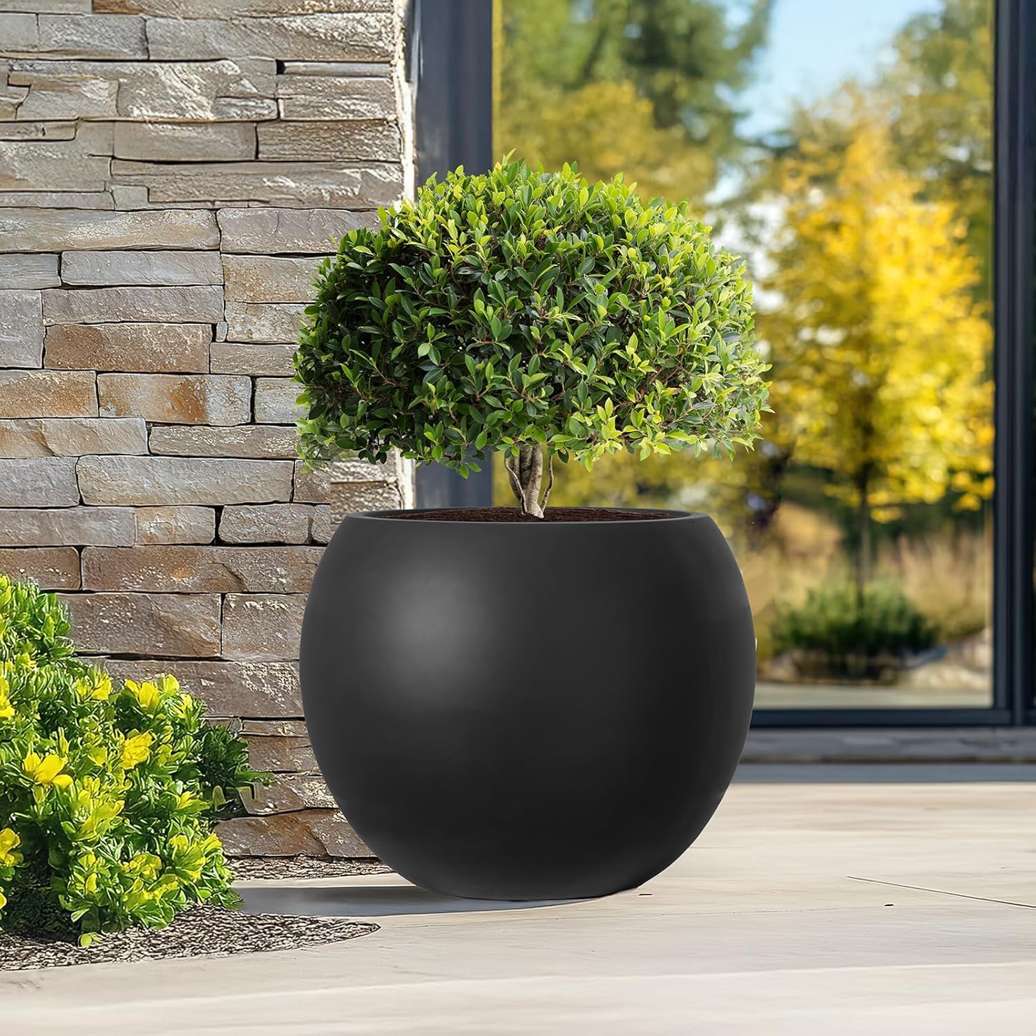 Panlaolao Runder Pflanztopf aus Fiberstone mit Ablaufloch, 30,5 cm H x 43,2 cm Durchmesser, ideal für Heimdekoration (Schwarz, 43)