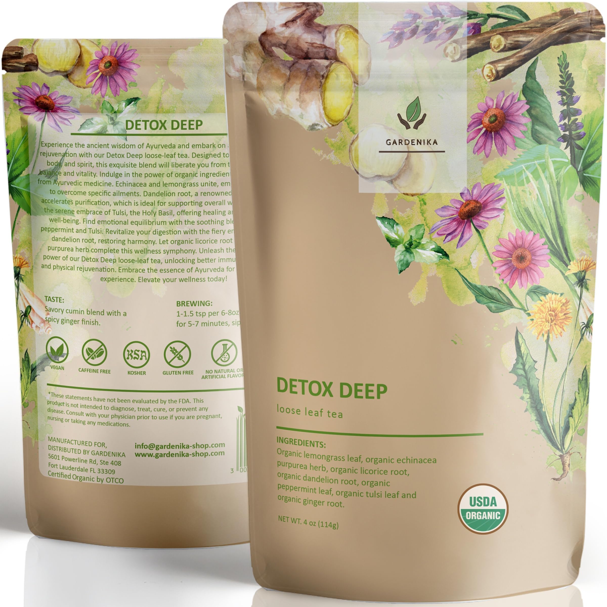 Organic Dandelion Root Detox Loose Leaf Tea, Herbal, Caffeine-Free, KSA Kosher, Ayurvedic with Lemongrass, Peppermint, Echinacea – 4 oz (1 Pack)
