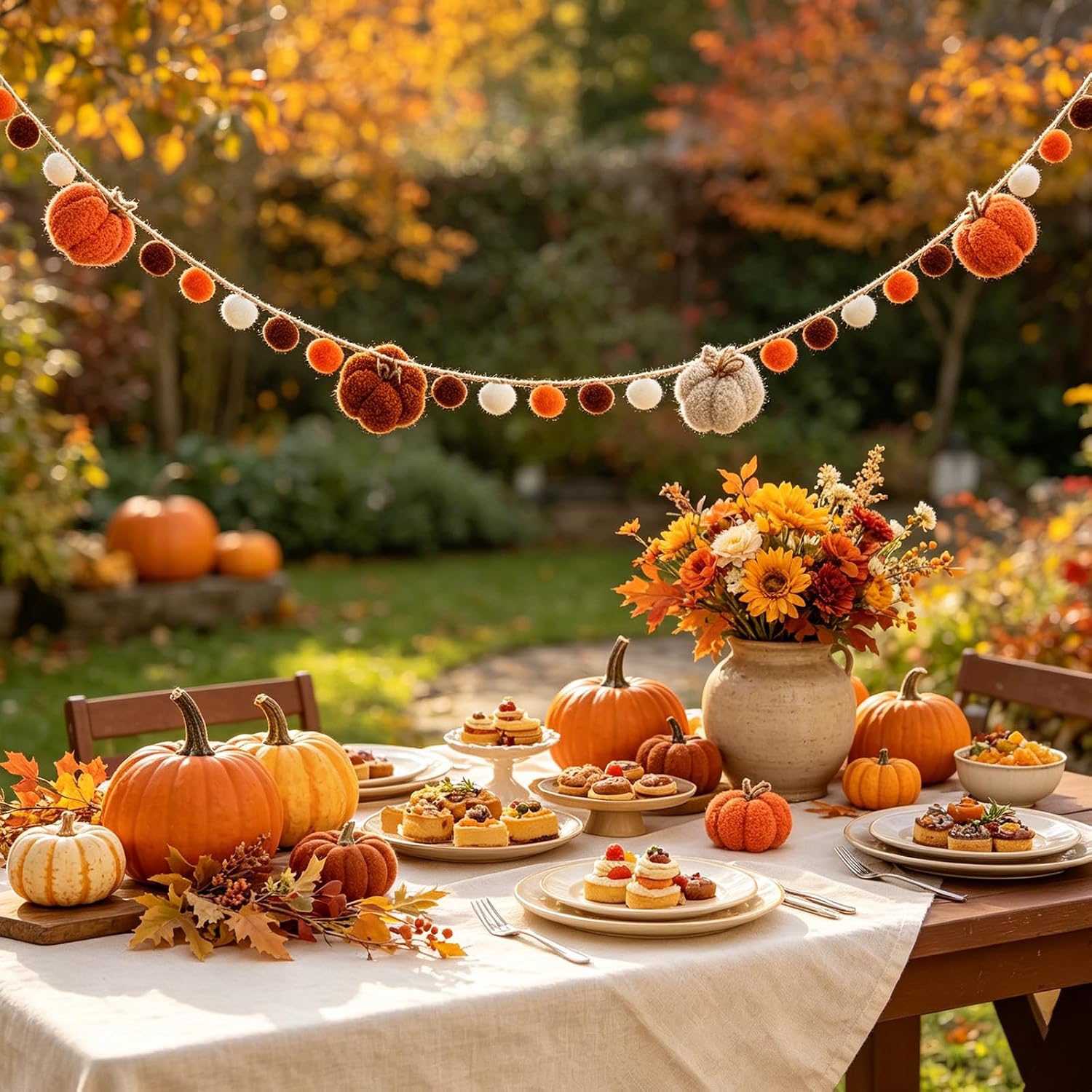DN DECONATION Fall Garland for Mantle, Pumpkin Decor for Home Party Tree | Orange Brown White, Pumpkin Decor, Pom Poms, Felt Garland for Fall Thanksgiving Halloween Harvest Farmhouse Fireplace Wall