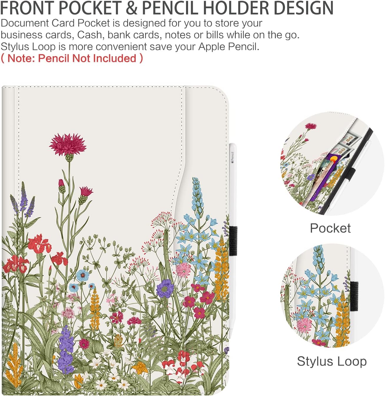 Case for iPad (A16) 11th Generation 2025, for iPad 10th Generation Case Women Girls Shockproof with Pencil Holder Multi-Angle Adjustable Stand View with Pocket/Hand Strap/Auto Wake Sleep, Flowers