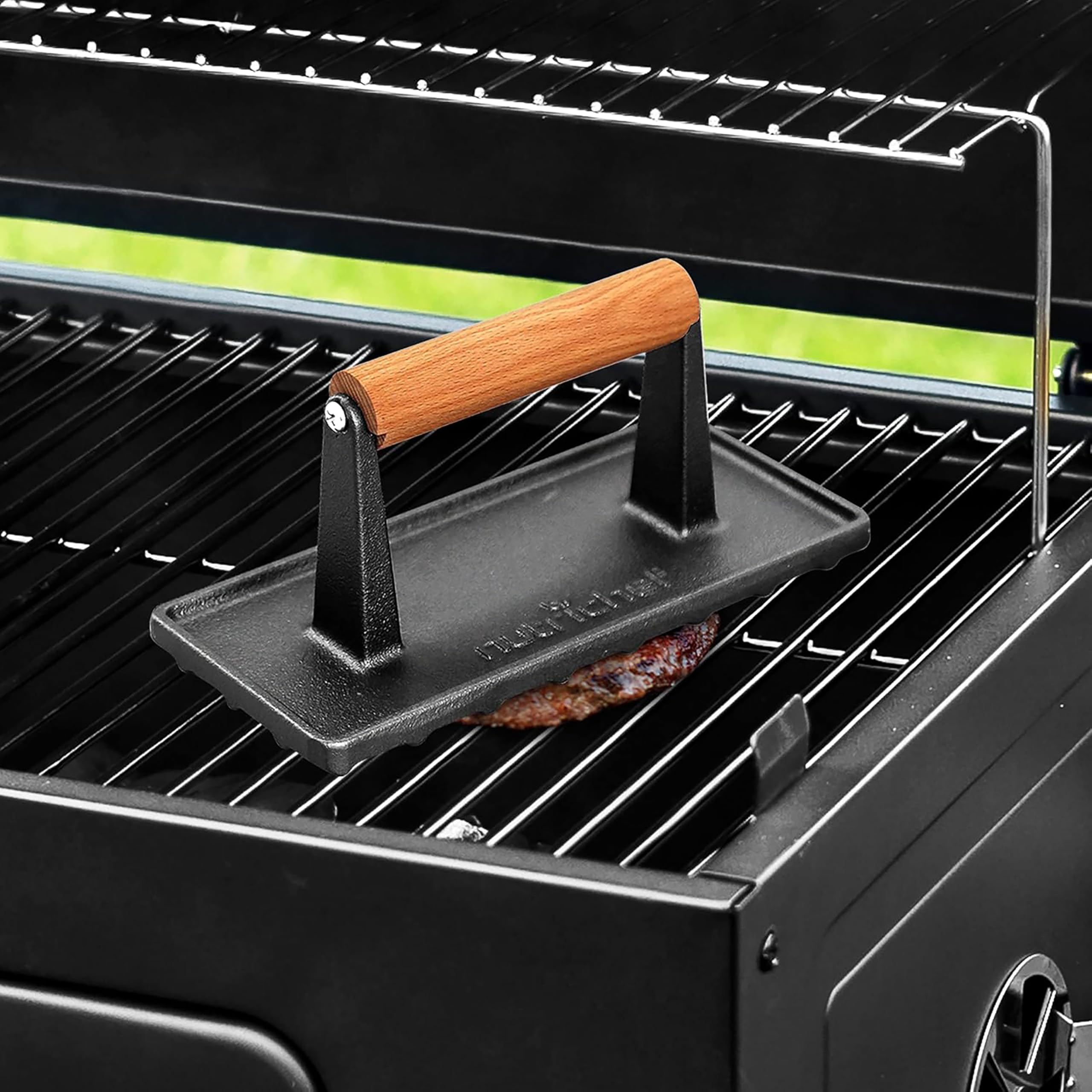 Alpine Cuisine Pressa Per Griglia In Ghisa 20,3x11,4 Cm – Con Manico In Legno, Per Carne, Pancetta, Panini
