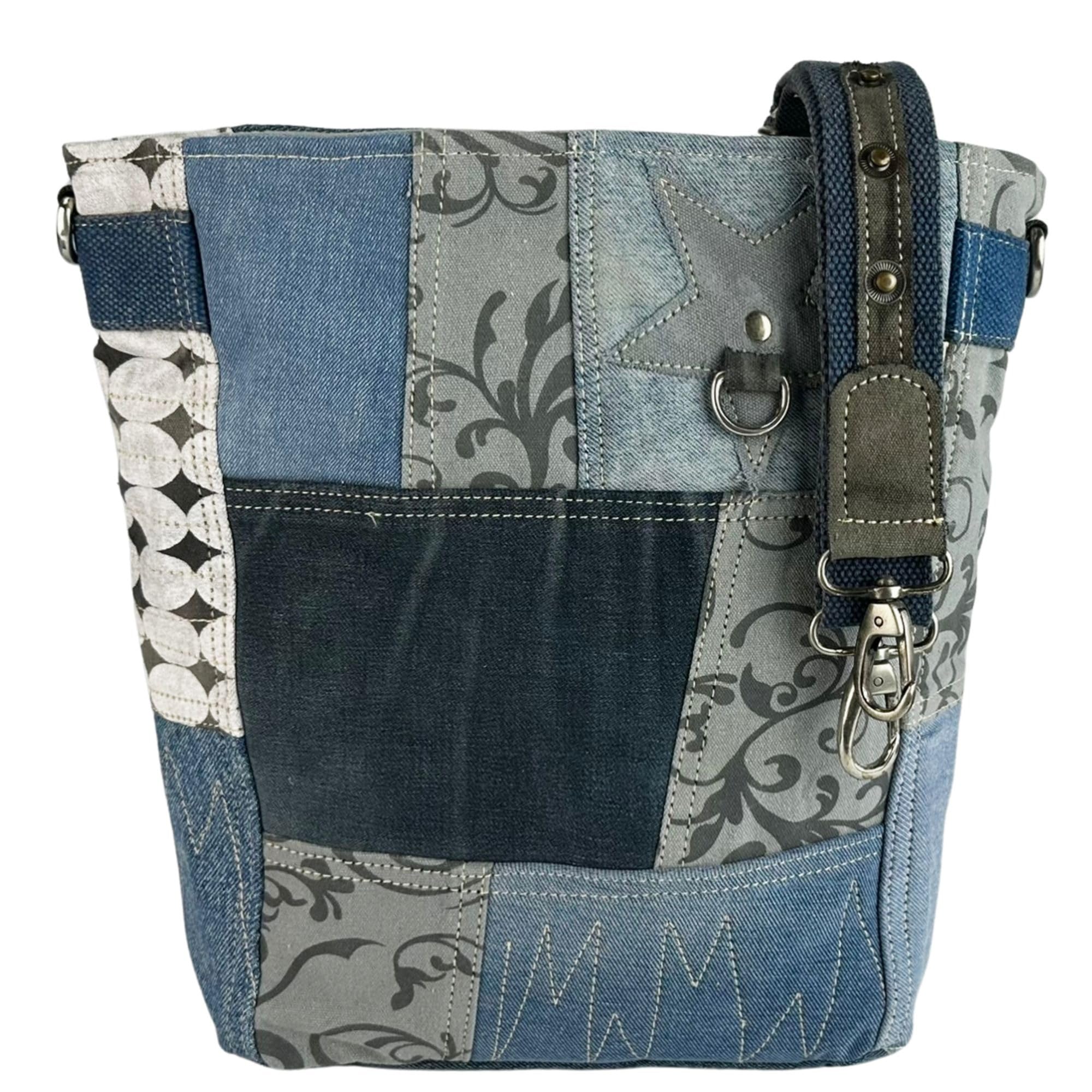 Sunsa Damen Umhängetasche. Große Nachhaltige Jeanstasche. Patchwork Tasche