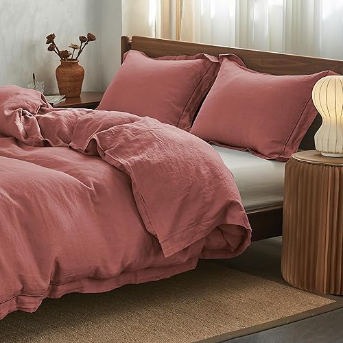 Simple&Opulence 100% Washed Linen Duvet Cover Set with Embroidered,3 Pieces Soft Farmhouse Comforter Set with Button Closure,1 Duvet Cover and 2 Pillowshams(King,Coral Red)