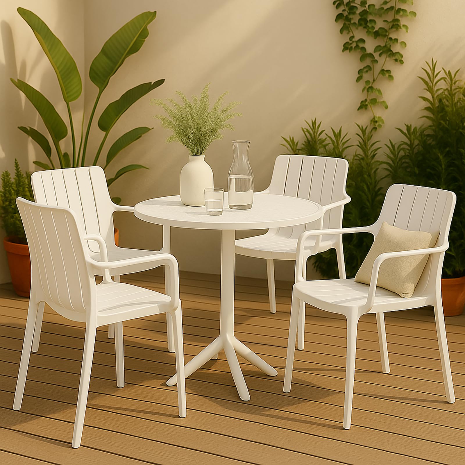 Gartenstühle 8er Set stapelbar - Hochwertige Outdoor-Stühle in Weiß, wetterfest, UV-beständig, bis 200 kg – für Balkon, Terrasse & Esszimmer