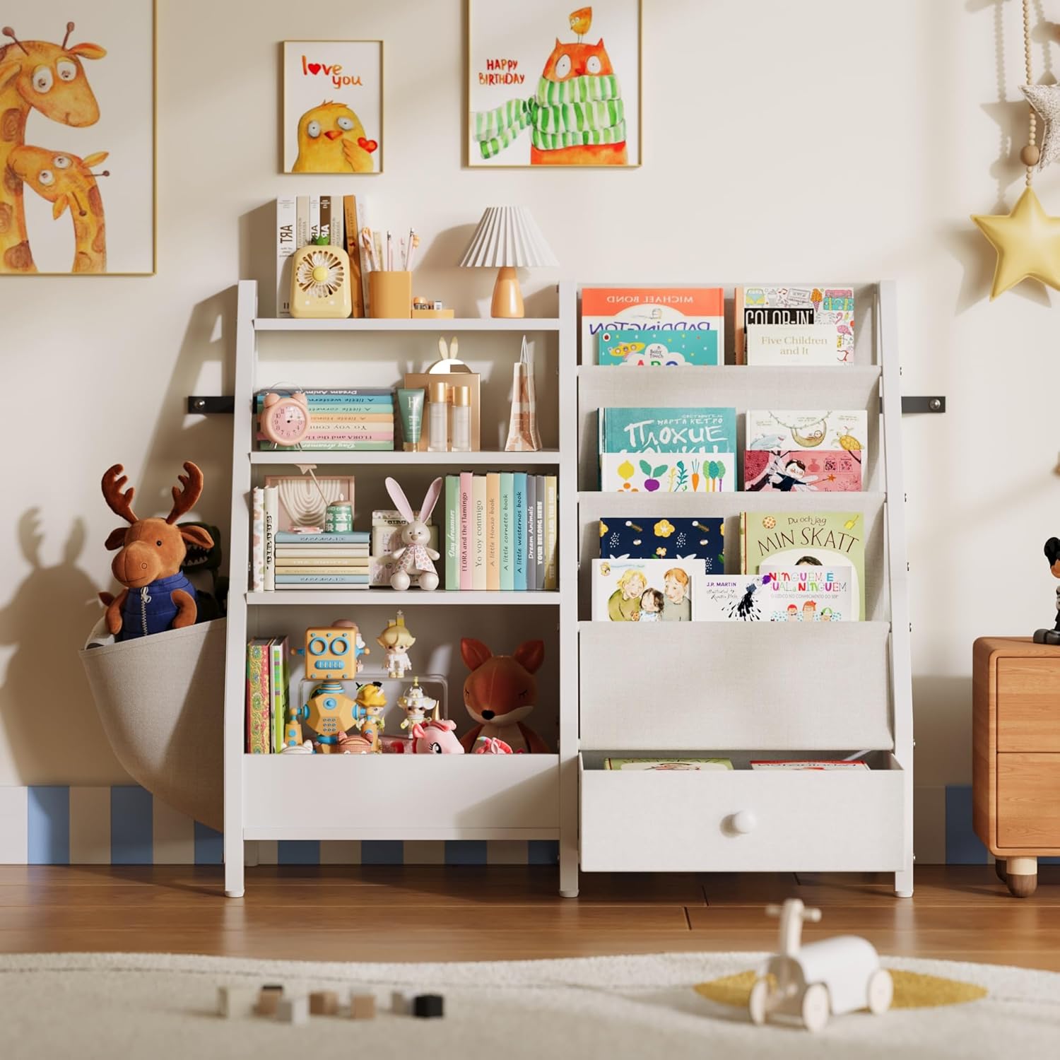 Kids Bookshelf and Toy Storage Organizer, Kids Bookcase Montessori 3 Tier Baby Toddler Sling Book Shelf with Drawer Pockets for Kids Room, Nursery, Playroom, Bedroom, White