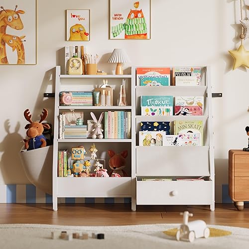 Miniatura 3 de Estantería infantil y organizador de almacenamiento de juguetes, estantería Montessori de 3 niveles para bebés y niños pequeños con bolsillos para