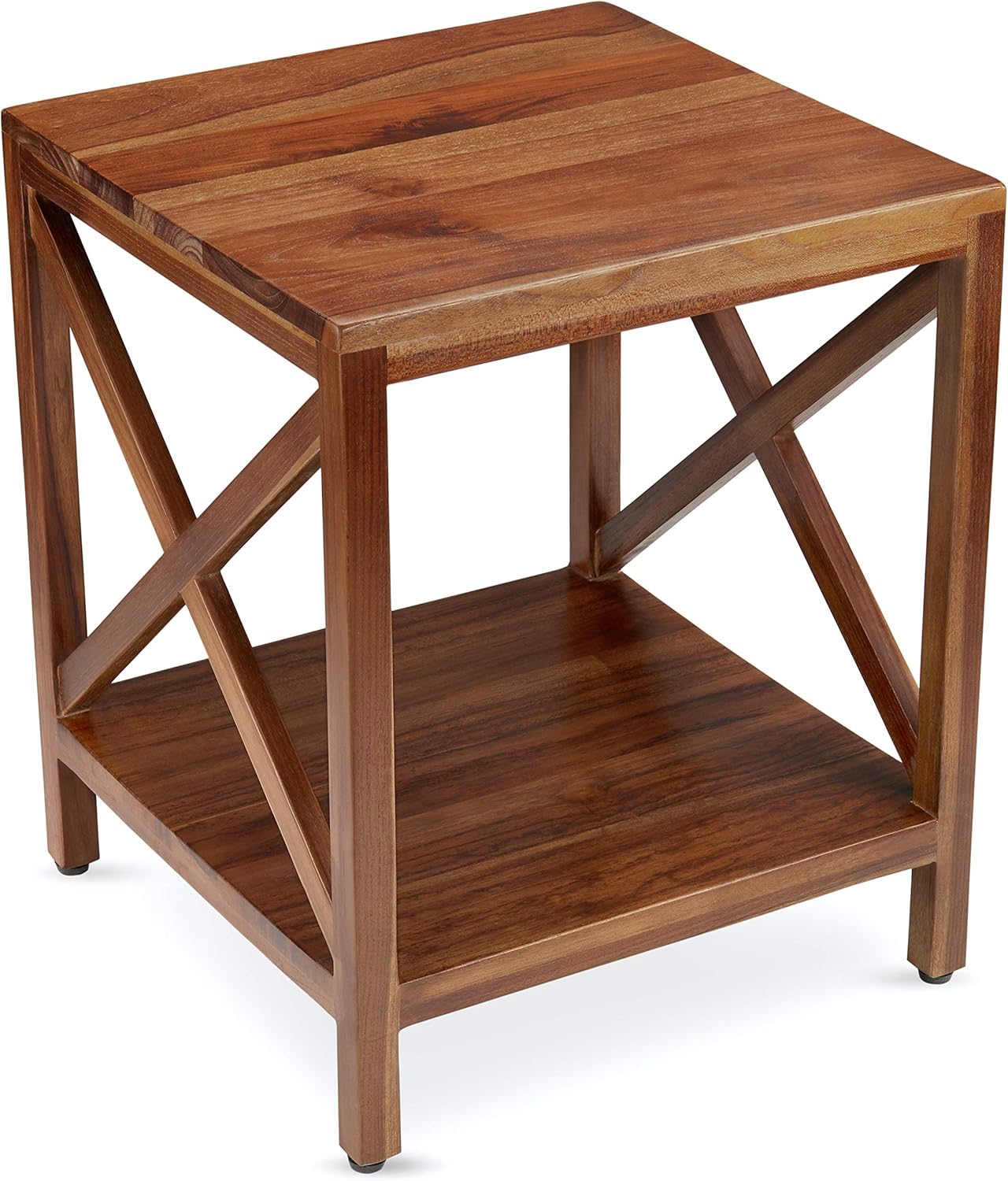 TeakCraft Teak End Table with Shelf, Solid Teak Wood, Fully Assembled, X Cross Stretcher, Living Room or Outdoor, Wood Square Side Accent Living Room Small End Table, The Frigg