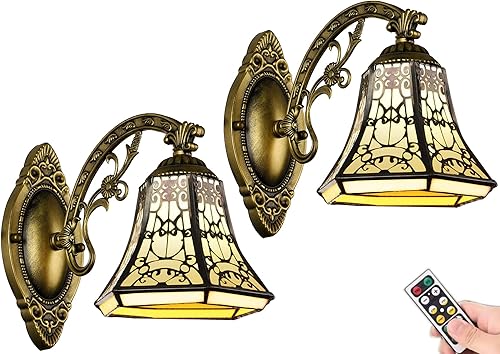 Tiffany - Juego de 2 apliques de pared dorados para interiores sin alambre duro, lámpara de pared con mando a distancia, lámpara de pared vintage de