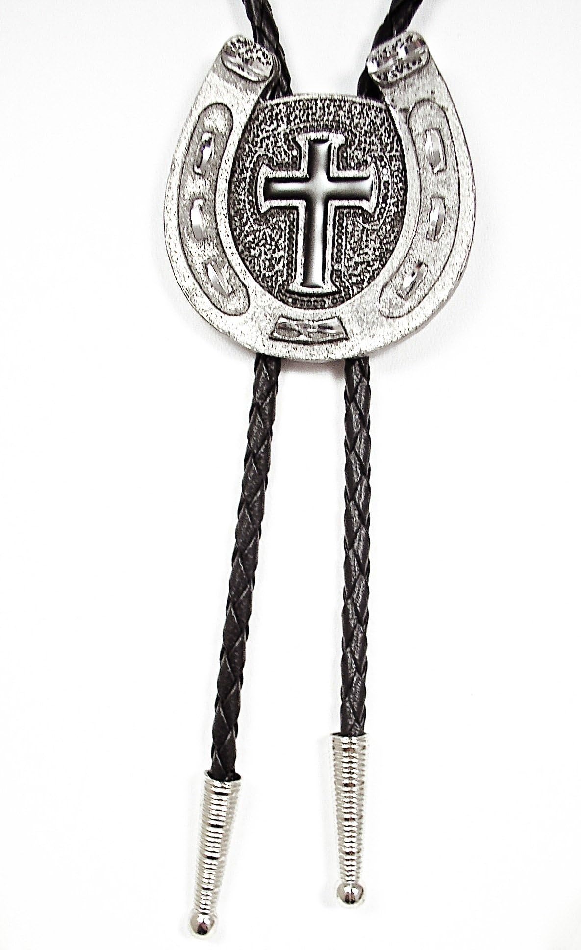 Black Cross w/Horseshoe Diamondcut Pewter Religious Bolo Tie