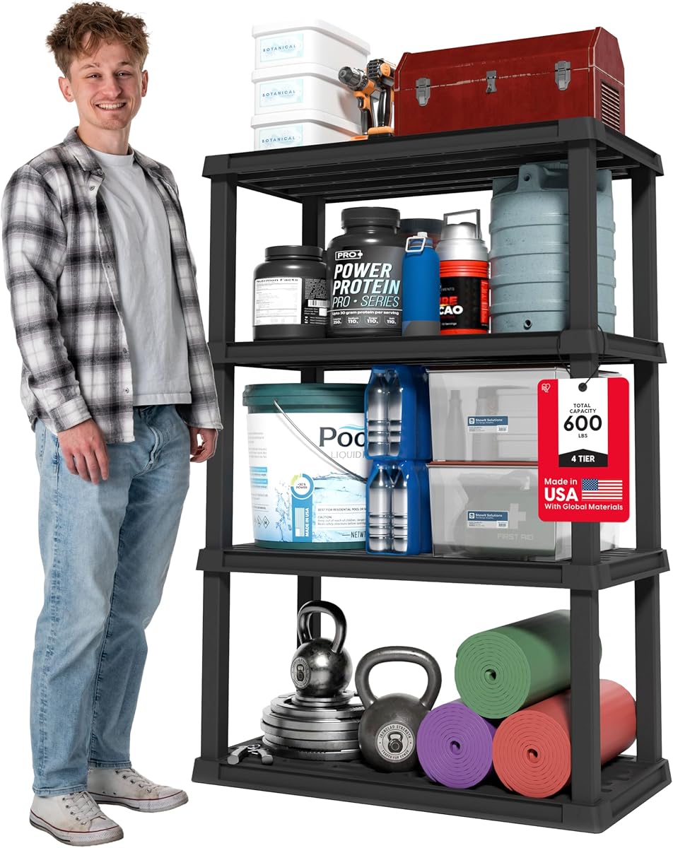 Estantes de almacenamiento de plástico IRIS USA | Fabricado en Estados Unidos | 56"H x 36"W x 18"D - Negro | Organizador de estante resistente de 4 niveles, capacidad total de 600 lb, 150 lb por estante, estantería para garaje, hogar, almacén y gimnasio