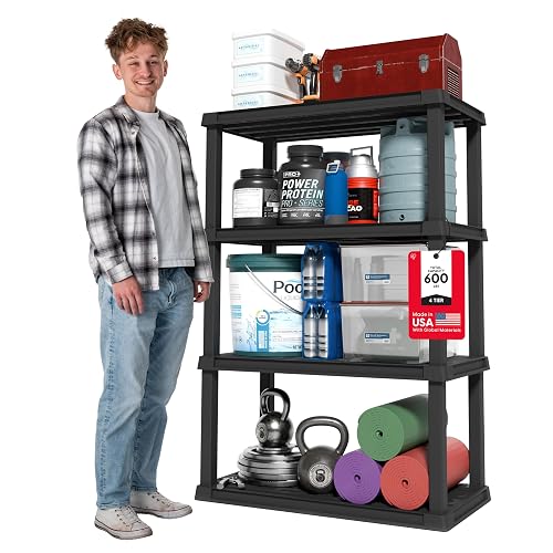 IRIS USA Plastic Storage Shelves |Made in USA| 56"H x 36"W x 18"D - Black | 4-Tier Heavy Duty Rack Organizer, 600lb Total Capacity, 150lb Per Shelf, Shelving Unit for Garage, Home, Warehouse & Gym