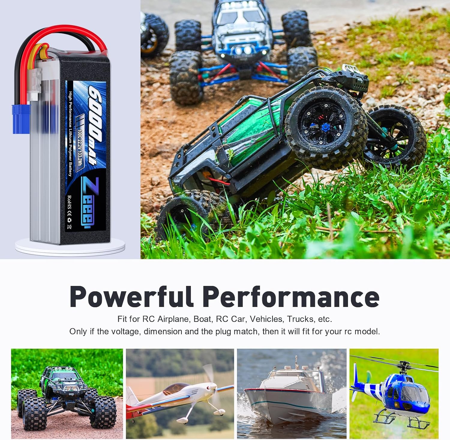 Various RC vehicles including a monster truck, airplane, boat, and helicopter, demonstrating the versatility of the Zeee LiPo battery.