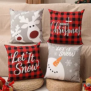 Double-Sided Print Christmas Pillow Covers 16"x16" Set of 4, 8 Cute Christmas Patterns, Tree, Reindeer, Snowman, Joy, Let It Snow, Believe Etc, Perfect for Home Decor