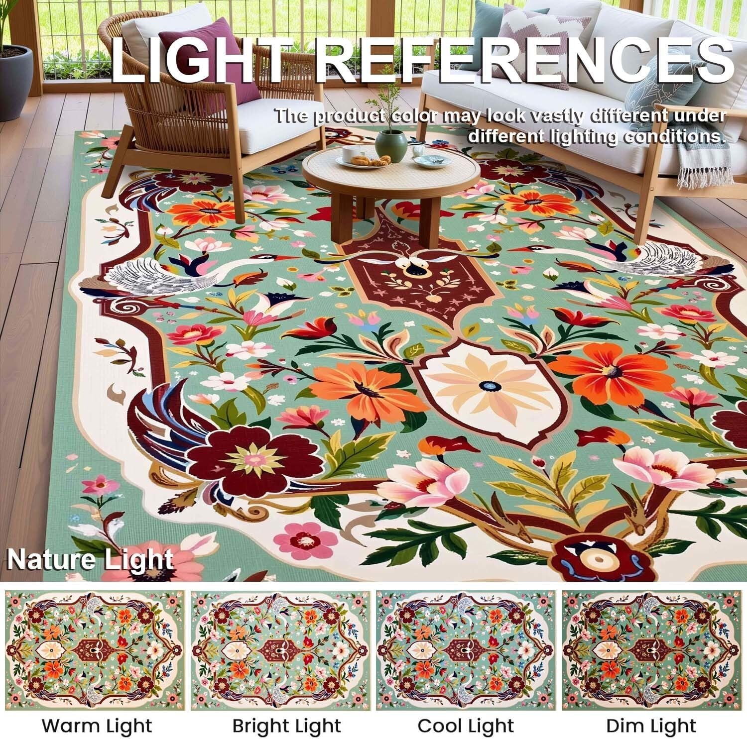 Light Mint Green Navy Red Floral Bird Print Area Rugs for Porch Patio Deck Camping Machine Washable Non Slip Thin Large Rug Front Yard Foyer Entrance Floor Mats Rustic 2x3 Outdoor Waterproof Carpet