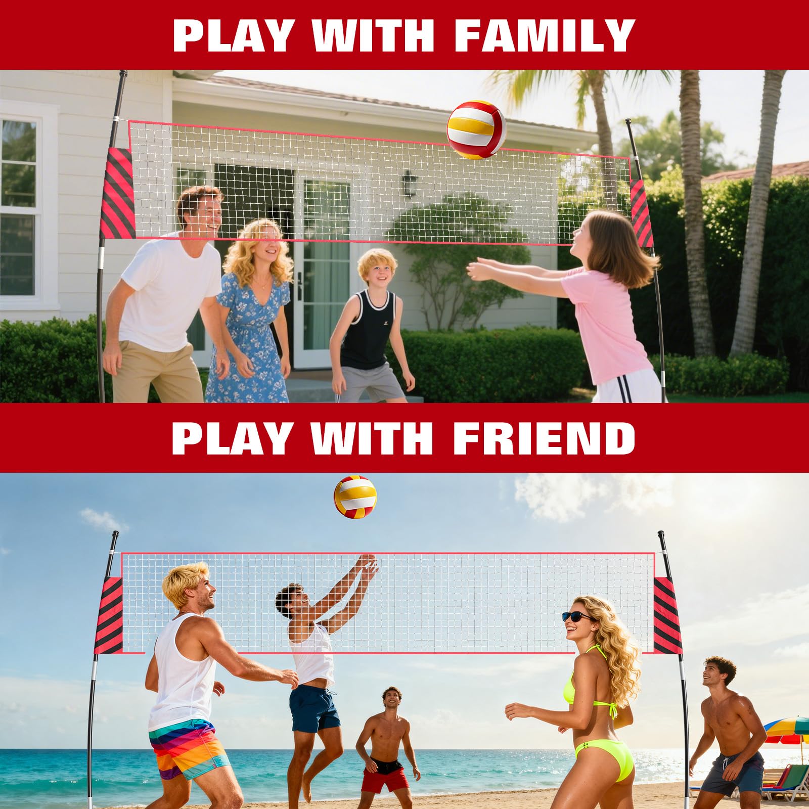 Filet de Volley-Ball 365 x 243 x 80 cm, Filet d'Entraînement Autoportant Intérieur Extérieur, Ensemble Complet Facile à Assembler et Portable