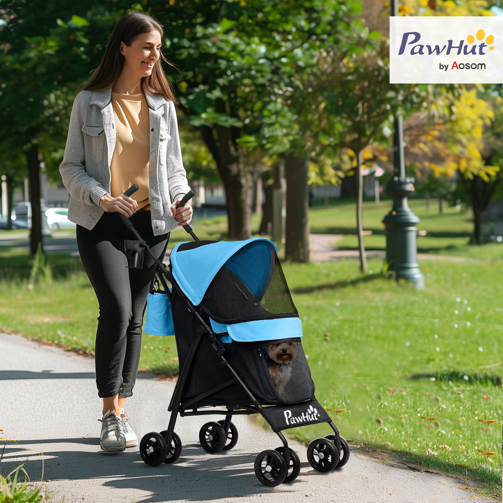 PawHut Cochecito para Perros Pequeños con Estructura de Paraguas Carrito para Perros Plegable con Cojín Lavable Portavaso Ventanas de Malla y Bolsa de Almacenamiento 76x44x103 cm Azul